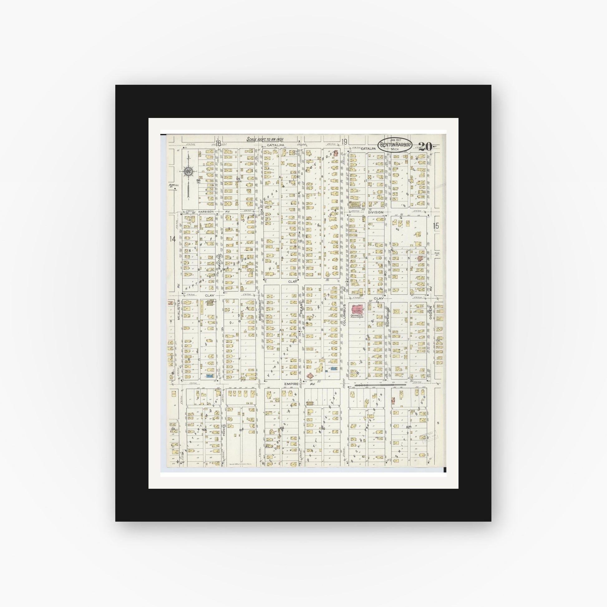Old map wall art mockup — black gallery frame with white mat — Sanborn Fire Insurance Map from Benton Harbor, Berrien County, Michigan (1917), Sheet #0020