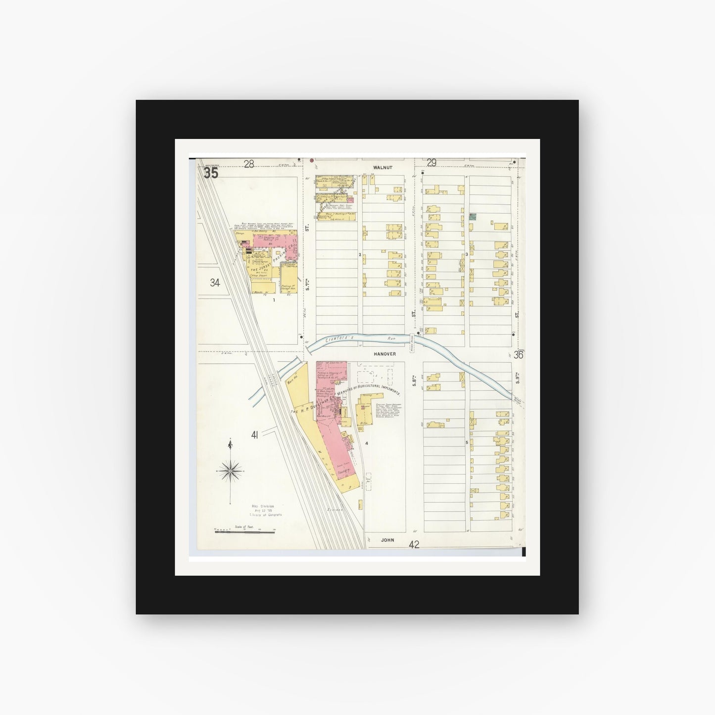 Old map wall art mockup — black gallery frame with white mat — Sanborn Fire Insurance Map from Hamilton, Butler County, Ohio (1899), Sheet #0035