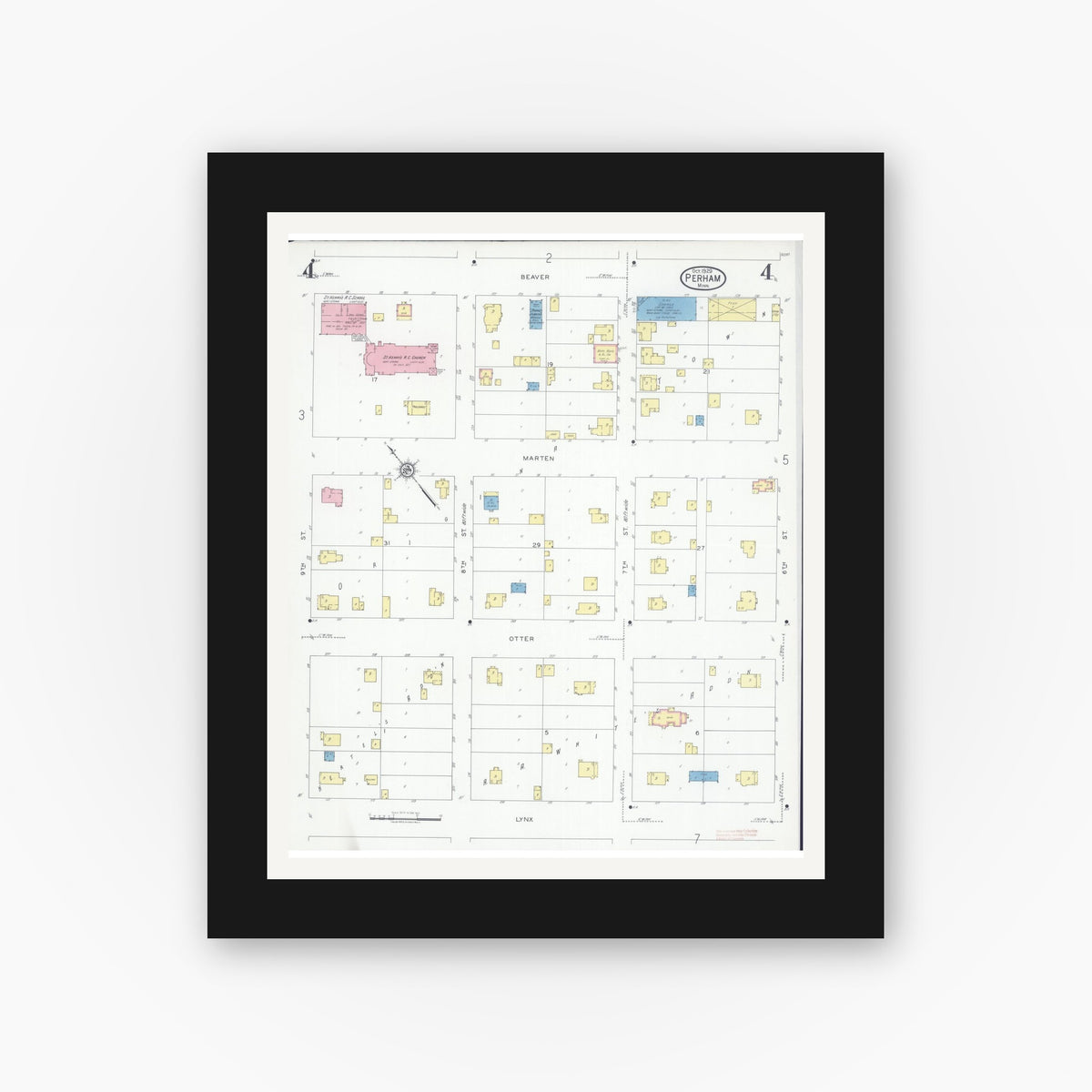 Old map wall art mockup — black gallery frame with white mat — Sanborn Fire Insurance Map from Perham, Otter Tail County, Minnesota (1929), Sheet #0004
