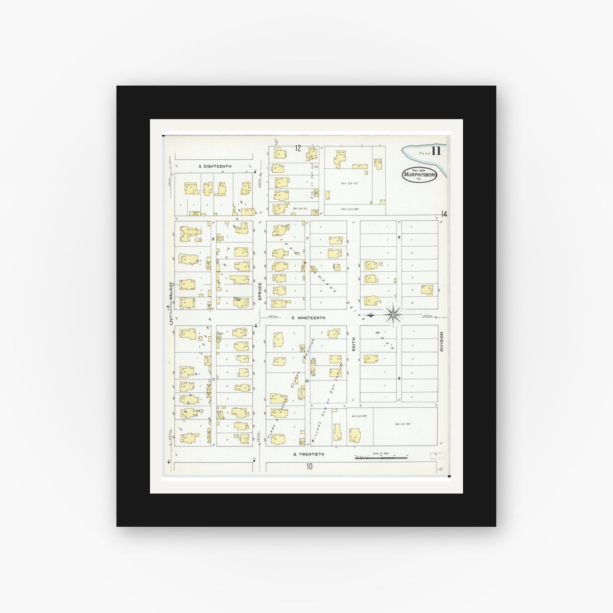 Old map wall art mockup — black gallery frame with white mat — Sanborn Fire Insurance Map from Murphysboro, Jackson County, Illinois (1909), Sheet #0011