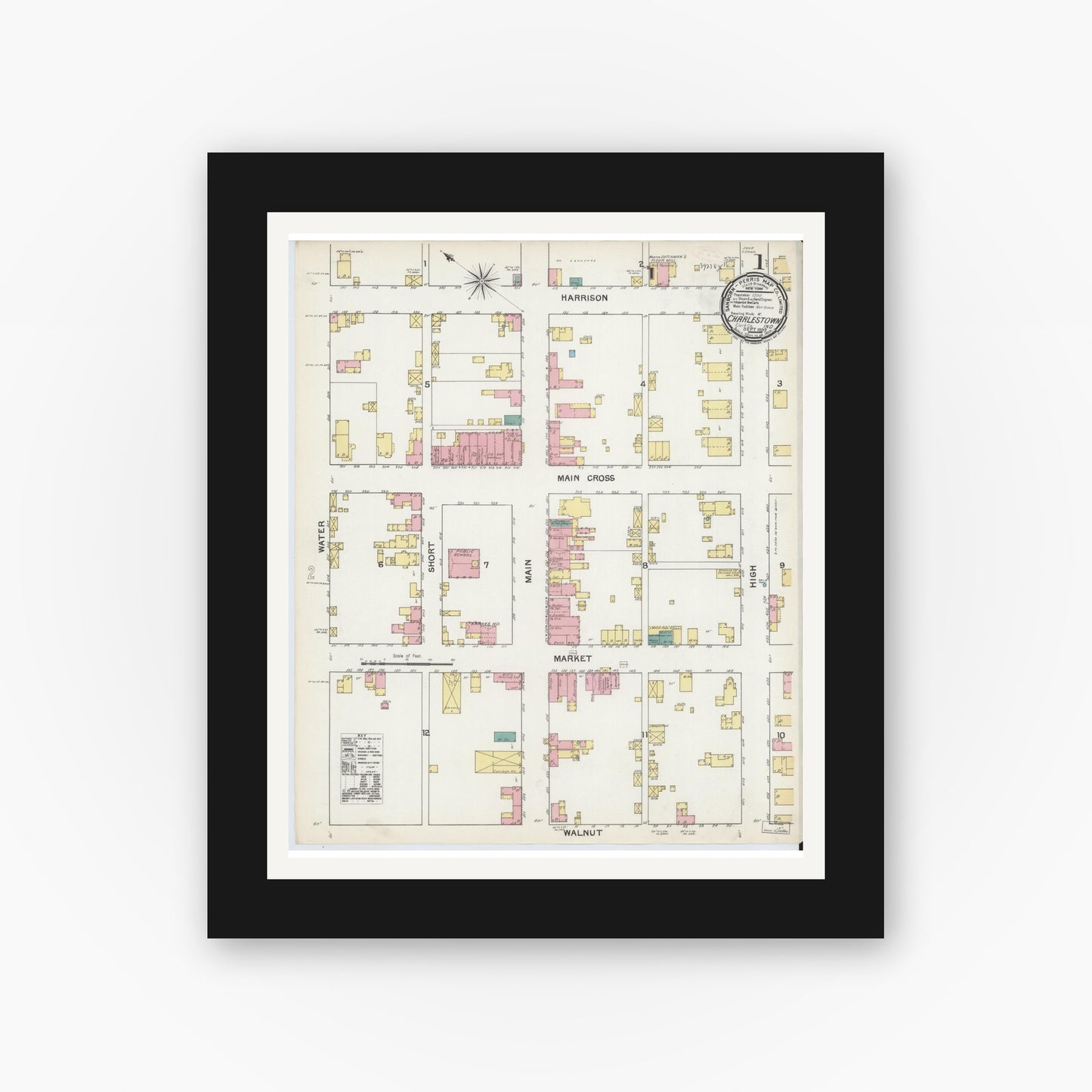Old map wall art mockup — black gallery frame with white mat — Sanborn Fire Insurance Map from Charlestown, Clark County, Indiana (1892) - Complete Map Set