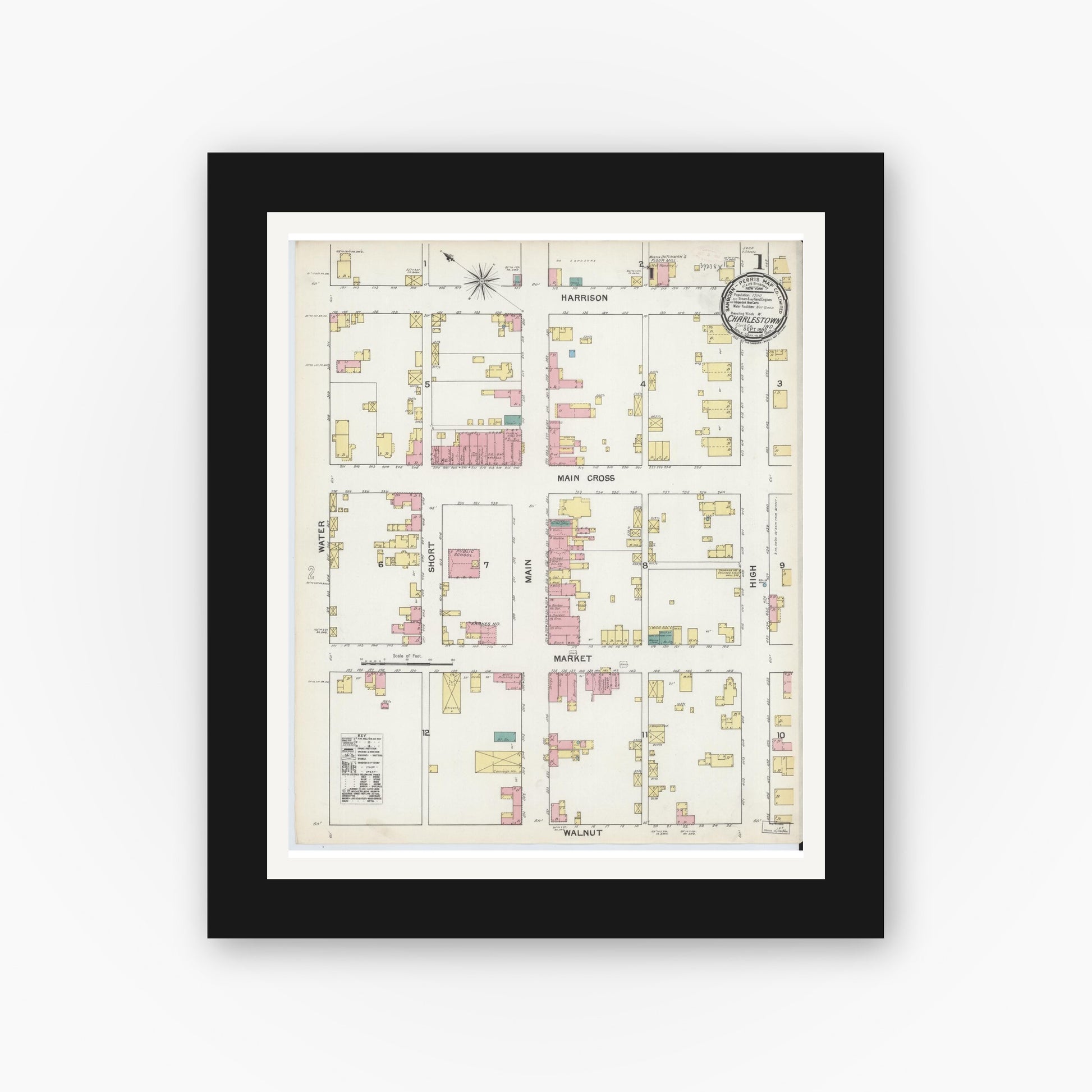 Old map wall art mockup — black gallery frame with white mat — Sanborn Fire Insurance Map from Charlestown, Clark County, Indiana (1892) - Complete Map Set