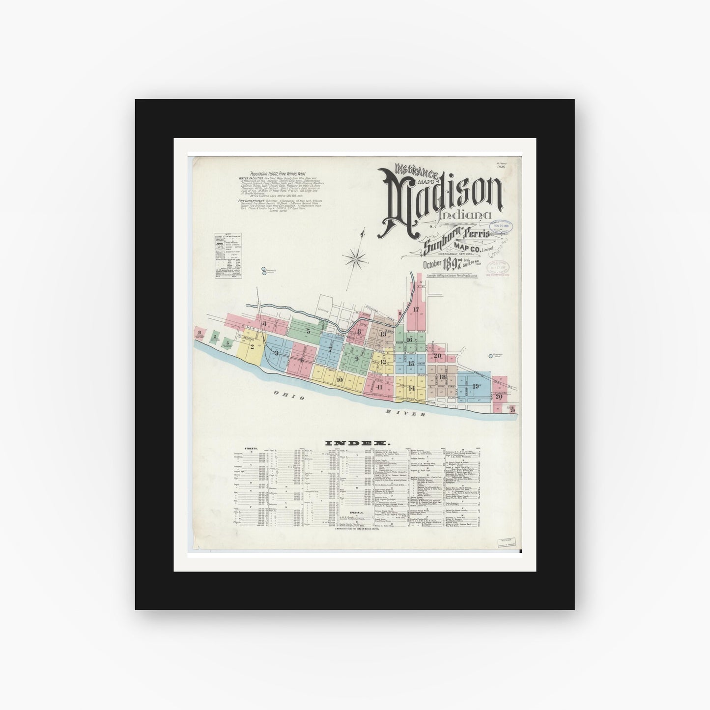 Old map wall art mockup — black gallery frame with white mat — Sanborn Fire Insurance Map from Madison, Jefferson County, Indiana (1897), Sheet #0001