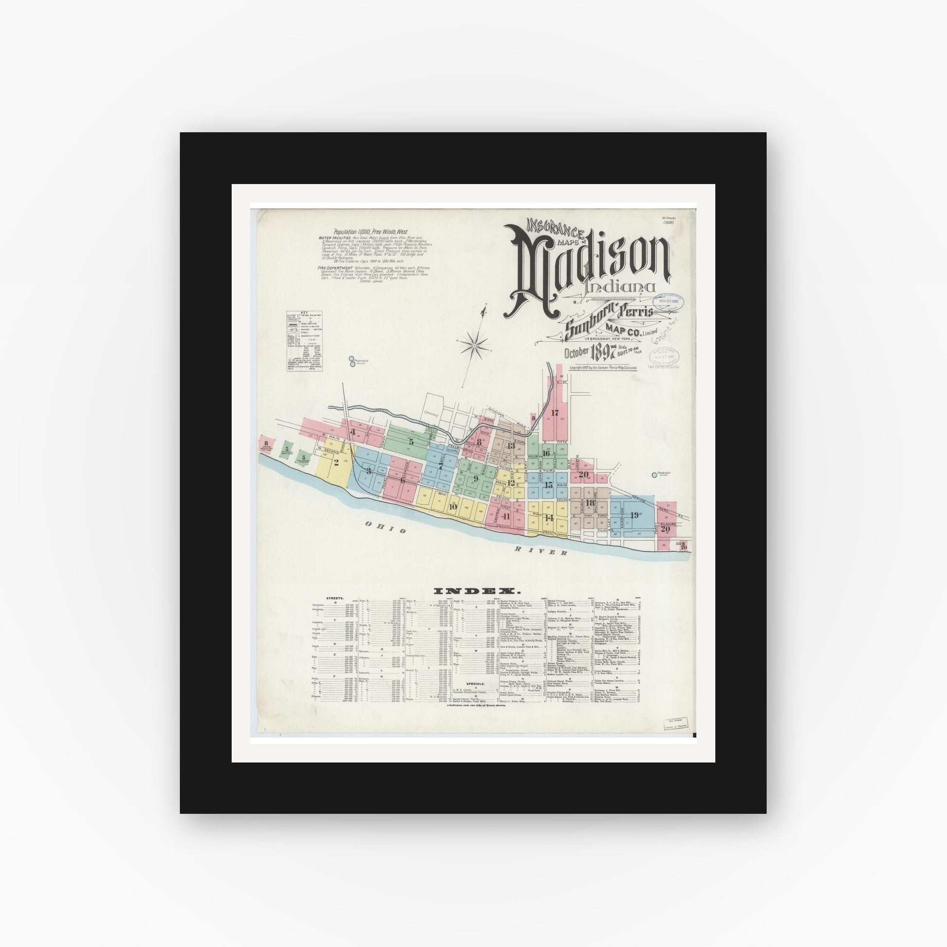 Old map wall art mockup — black gallery frame with white mat — Sanborn Fire Insurance Map from Madison, Jefferson County, Indiana (1897), Sheet #0001