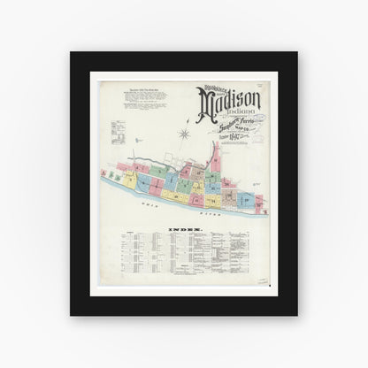 Old map wall art mockup — black gallery frame with white mat — Sanborn Fire Insurance Map from Madison, Jefferson County, Indiana (1897), Sheet #0001