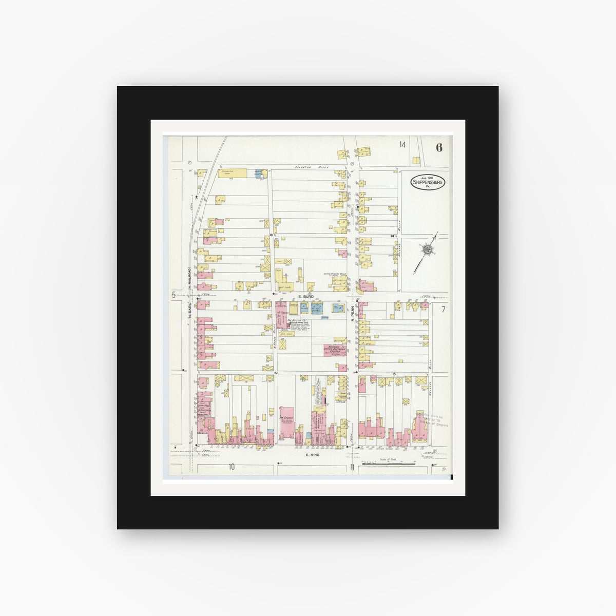Old map wall art mockup — black gallery frame with white mat — Sanborn Fire Insurance Map from Shippensburg, Cumberland And Franklin Counties, Pennsylvania (1910), Sheet #0006