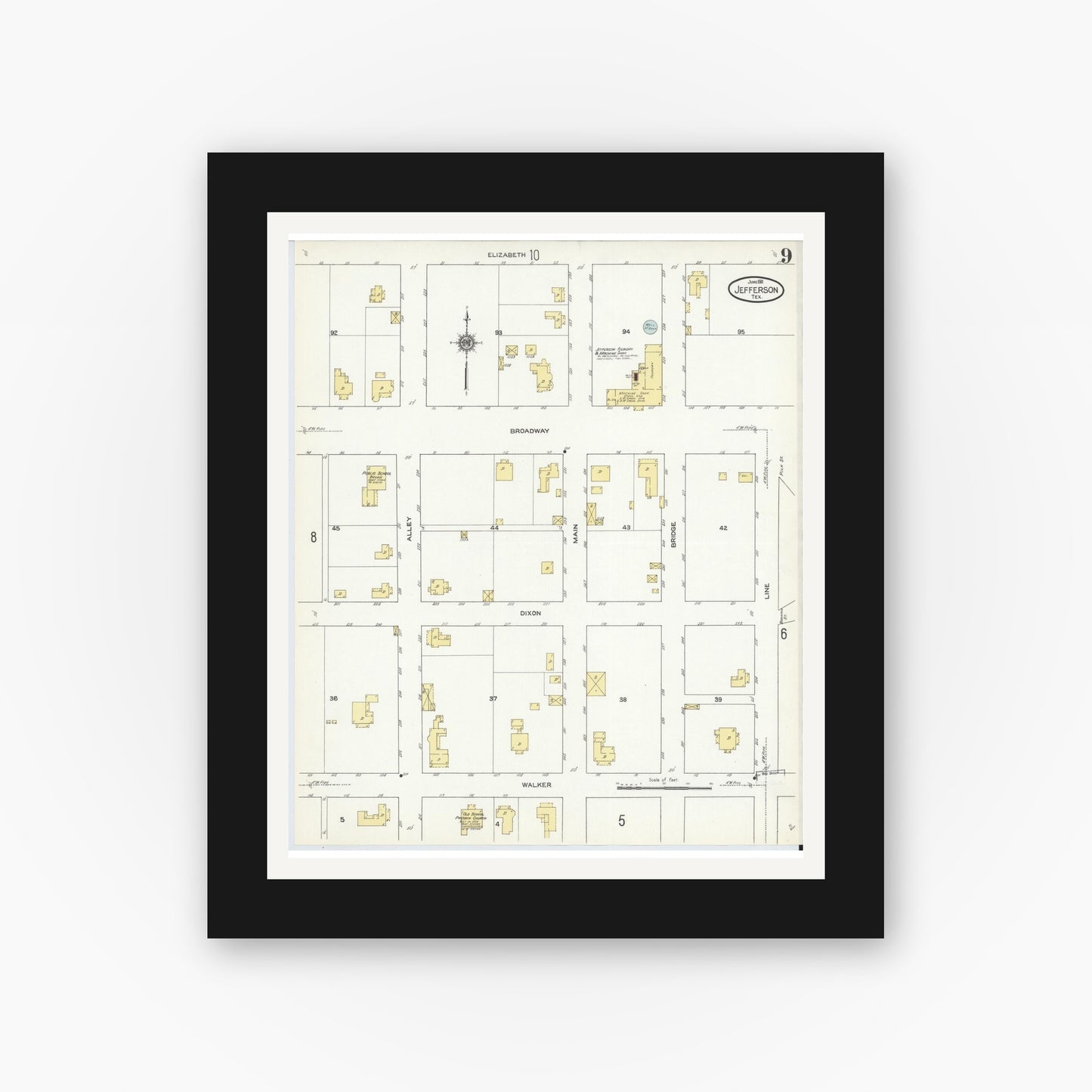 Old map wall art mockup — black gallery frame with white mat — Sanborn Fire Insurance Map from Jefferson, Marion County, Texas (1911), Sheet #0009