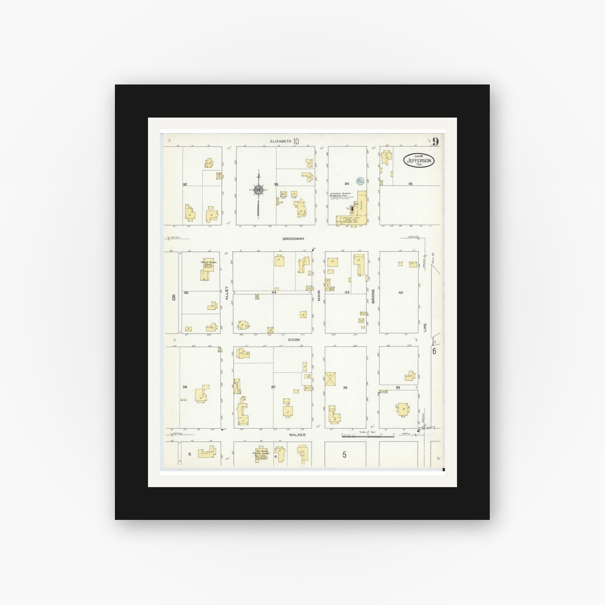 Old map wall art mockup — black gallery frame with white mat — Sanborn Fire Insurance Map from Jefferson, Marion County, Texas (1911), Sheet #0009