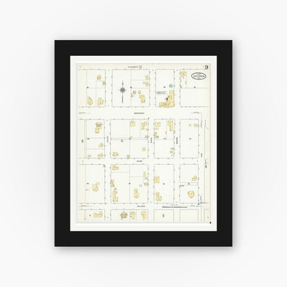 Old map wall art mockup — black gallery frame with white mat — Sanborn Fire Insurance Map from Jefferson, Marion County, Texas (1911), Sheet #0009