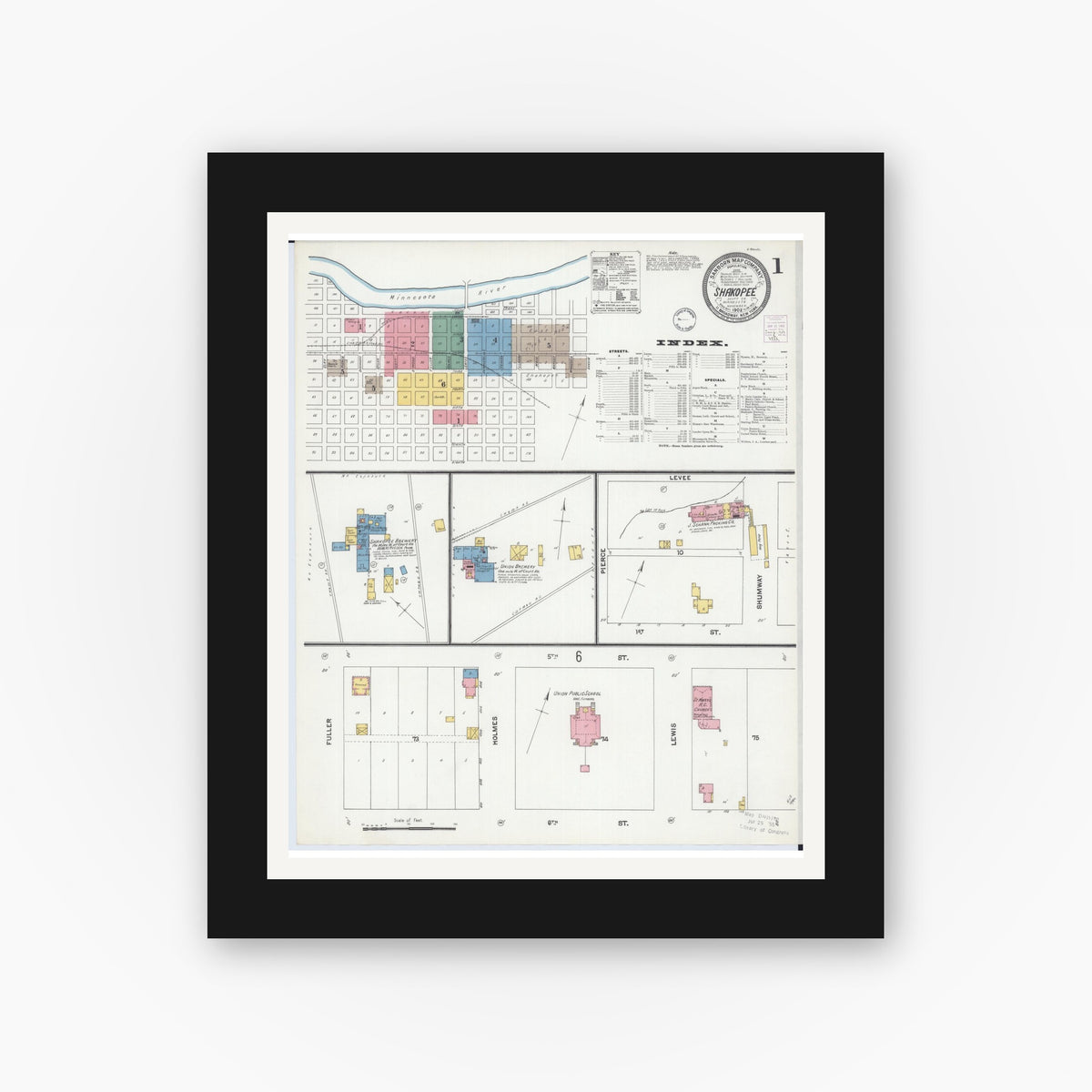 Old map wall art mockup — black gallery frame with white mat — Sanborn Fire Insurance Map from Shakopee, Scott County, Minnesota (1902), Sheet #0001