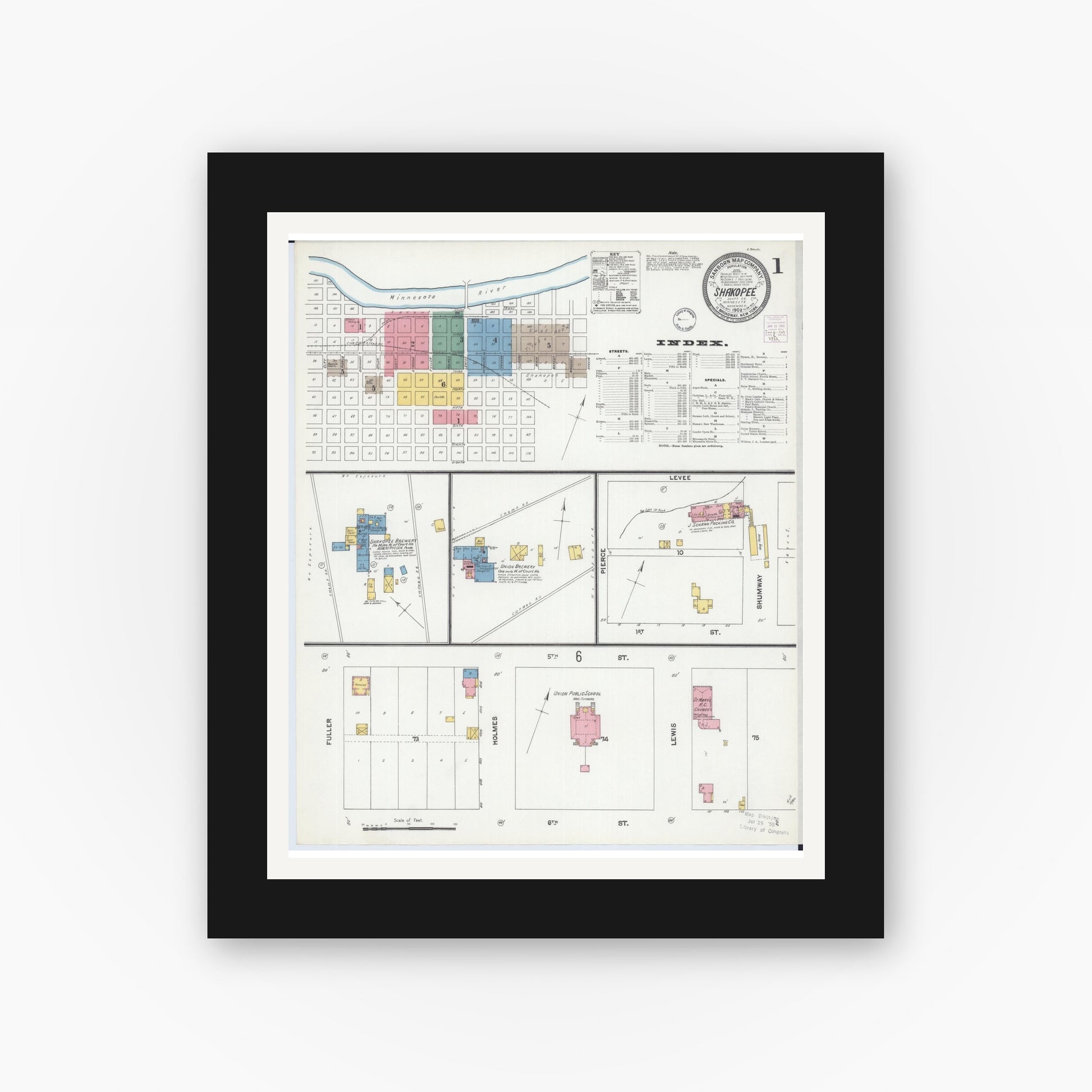 Old map wall art mockup — black gallery frame with white mat — Sanborn Fire Insurance Map from Shakopee, Scott County, Minnesota (1902), Sheet #0001
