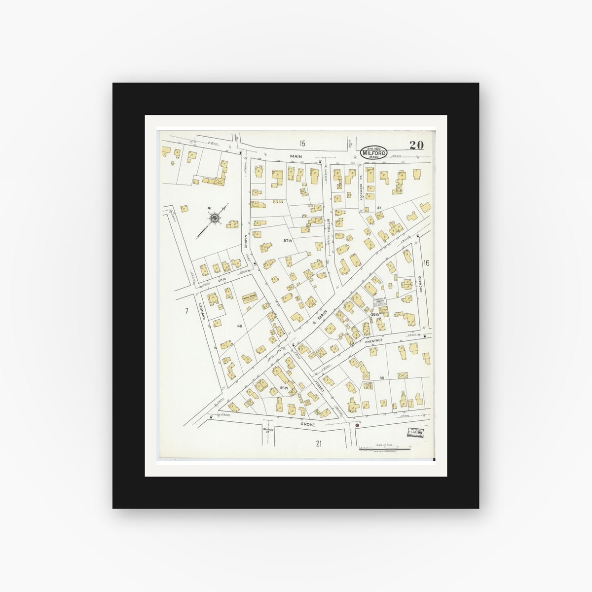 Old map wall art mockup — black gallery frame with white mat — Sanborn Fire Insurance Map from Milford, Worcester County, Massachusetts (1920), Sheet #0020