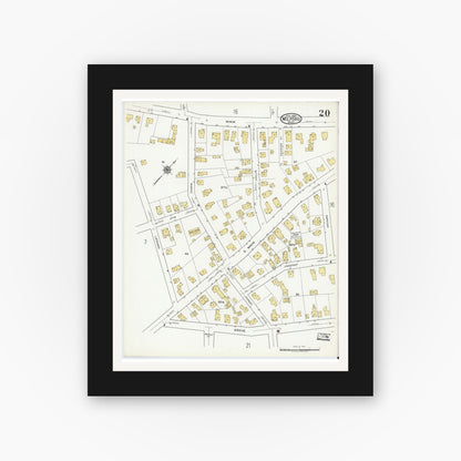 Old map wall art mockup — black gallery frame with white mat — Sanborn Fire Insurance Map from Milford, Worcester County, Massachusetts (1920), Sheet #0020