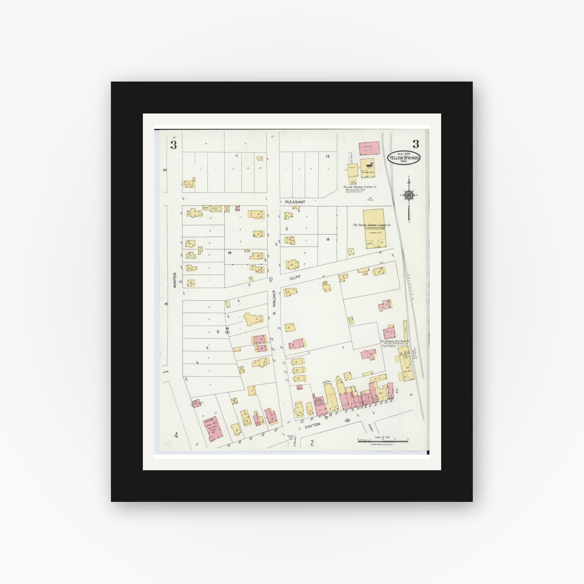 Old map wall art mockup — black gallery frame with white mat — Sanborn Fire Insurance Map from Yellow Springs, Greene County, Ohio (1924), Sheet #0003