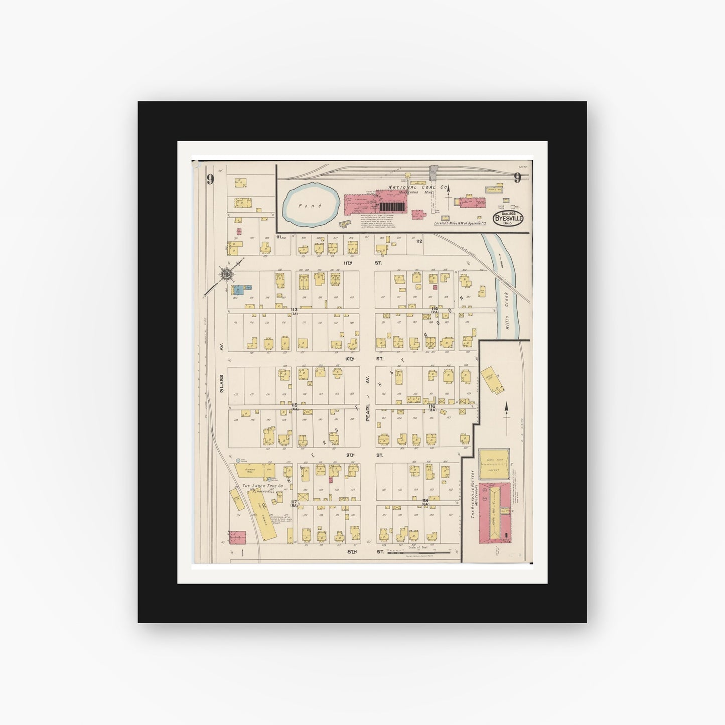 Old map wall art mockup — black gallery frame with white mat — Sanborn Fire Insurance Map from Byesville, Guernsey County, Ohio (1922), Sheet #0009