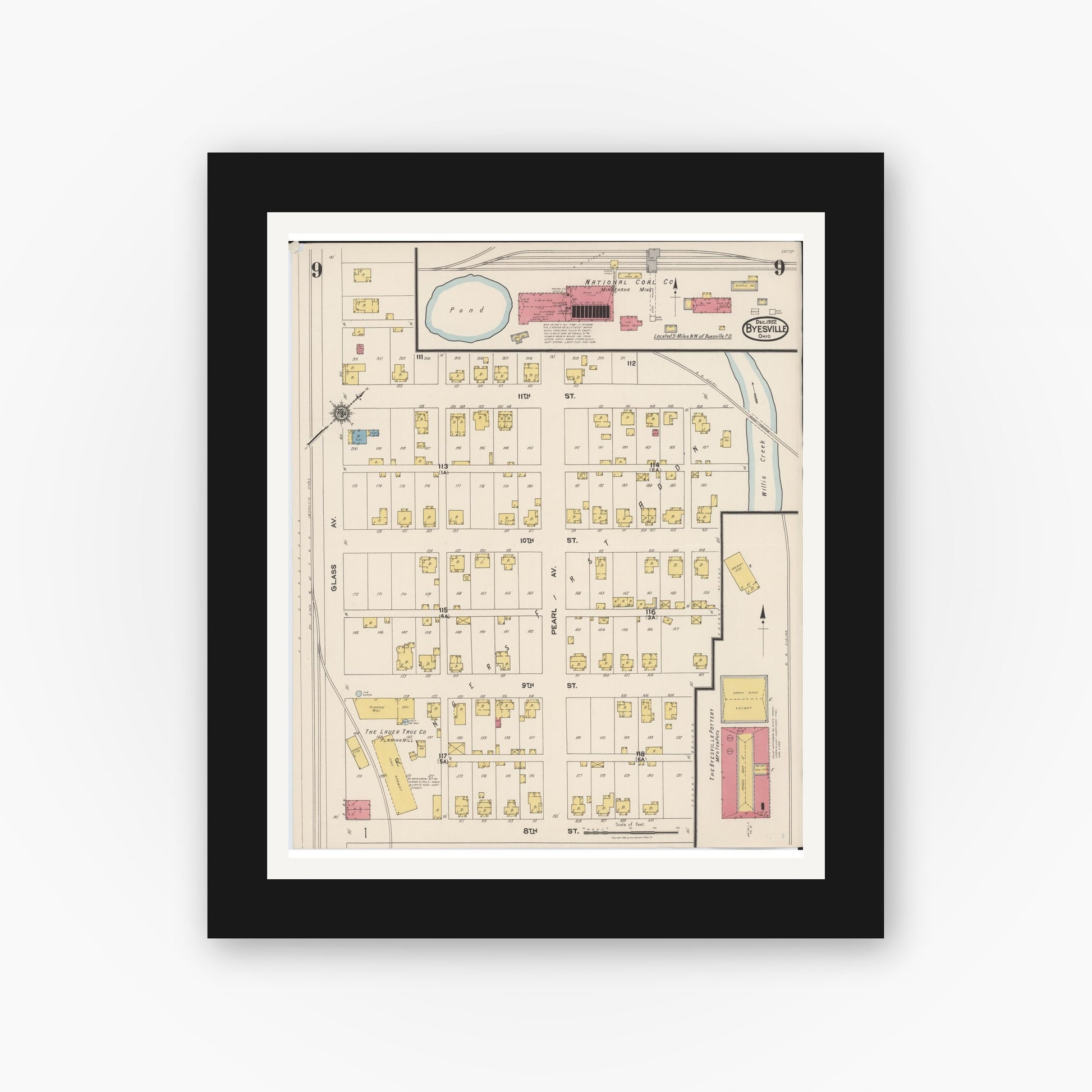 Old map wall art mockup — black gallery frame with white mat — Sanborn Fire Insurance Map from Byesville, Guernsey County, Ohio (1922), Sheet #0009