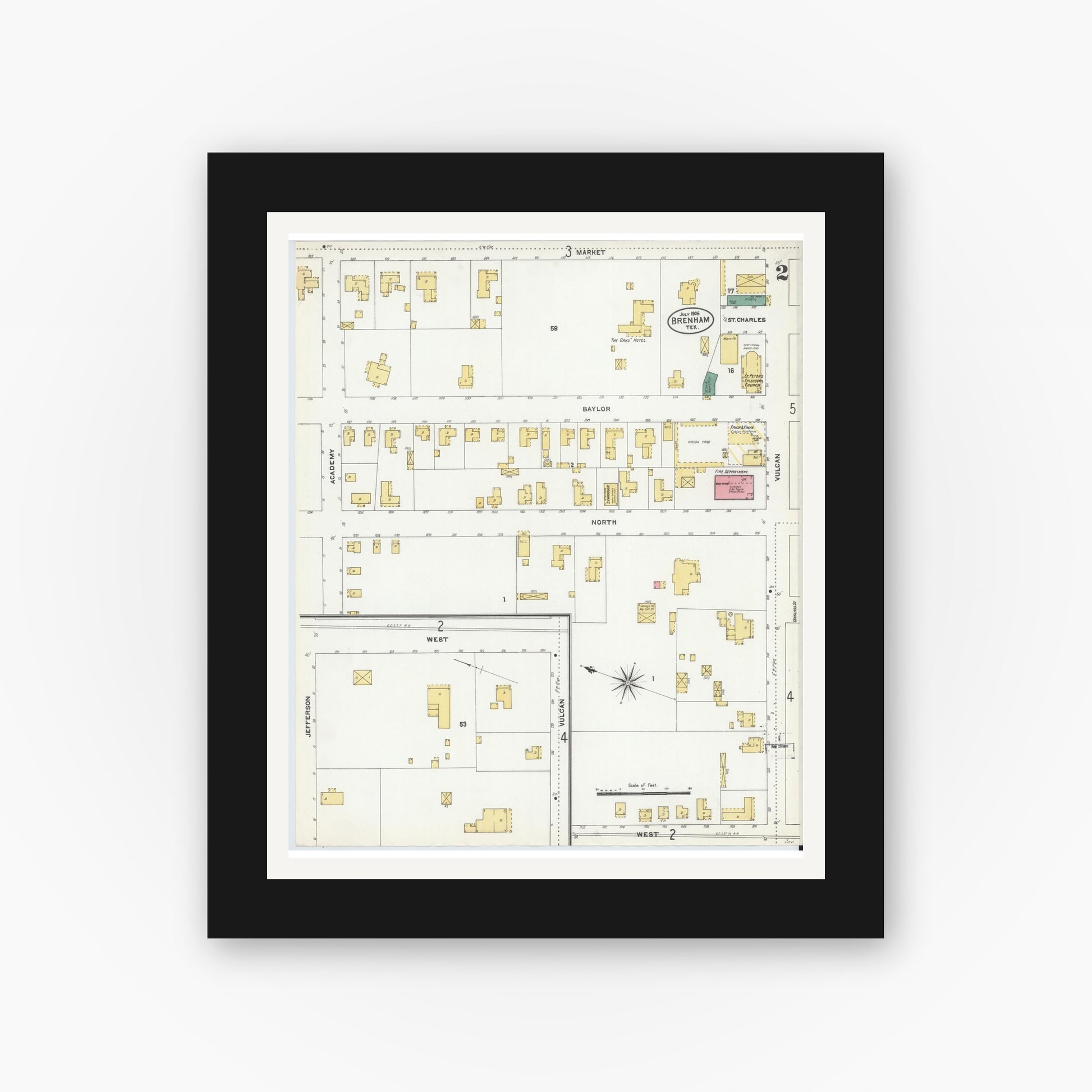 Old map wall art mockup — black gallery frame with white mat — Sanborn Fire Insurance Map from Brenham, Washington County, Texas (1906), Sheet #0002