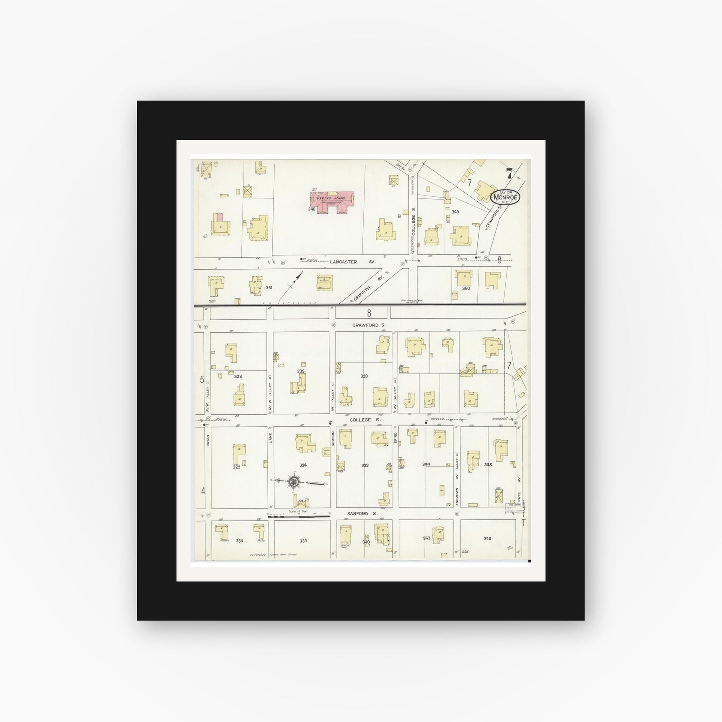Old map wall art mockup — black gallery frame with white mat — Sanborn Fire Insurance Map from Monroe, Union County, North Carolina (1914), Sheet #0007