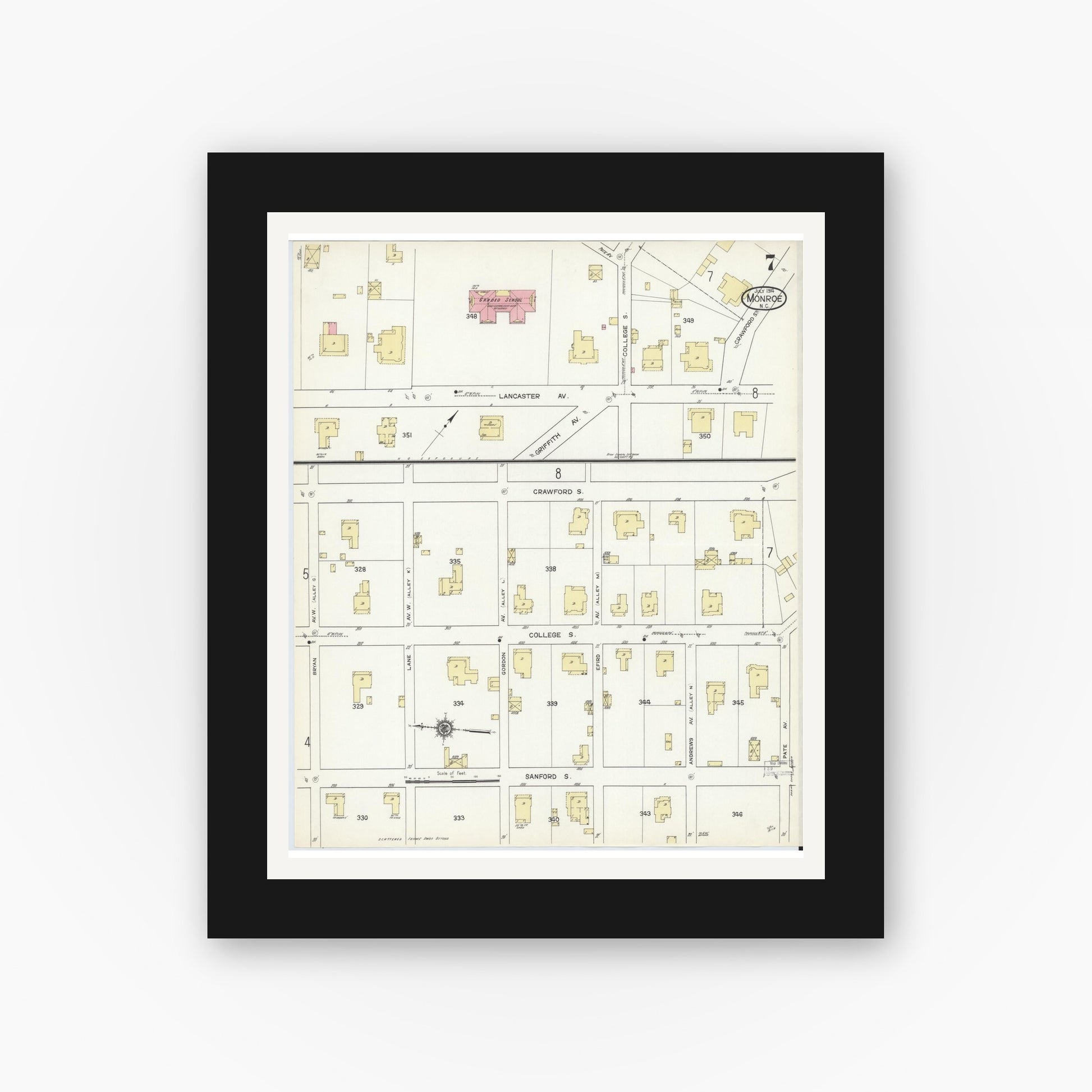 Old map wall art mockup — black gallery frame with white mat — Sanborn Fire Insurance Map from Monroe, Union County, North Carolina (1914), Sheet #0007