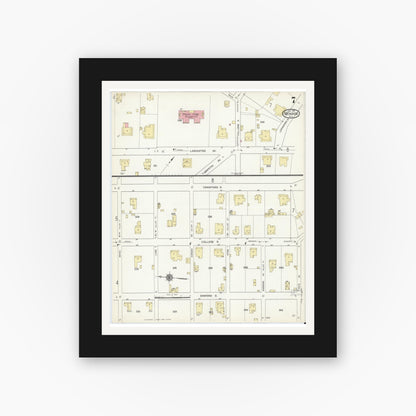 Old map wall art mockup — black gallery frame with white mat — Sanborn Fire Insurance Map from Monroe, Union County, North Carolina (1914), Sheet #0007