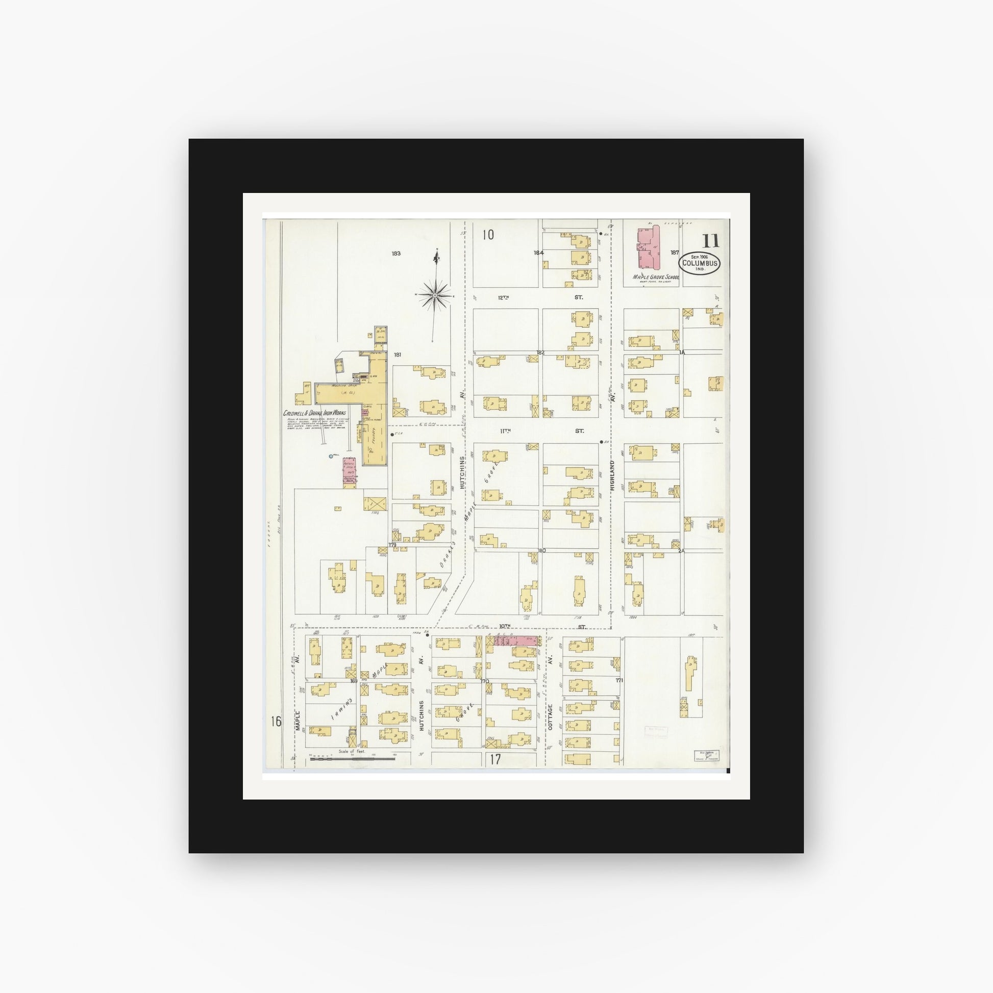 Old map wall art mockup — black gallery frame with white mat — Sanborn Fire Insurance Map from Columbus, Bartholomew County, Indiana (1906), Sheet #0011