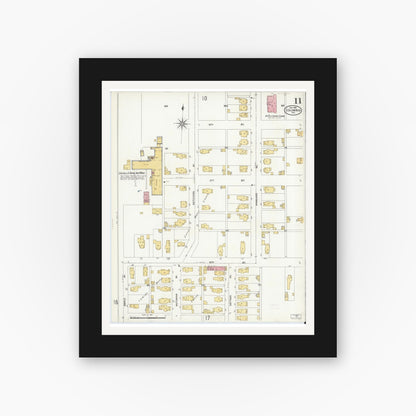 Old map wall art mockup — black gallery frame with white mat — Sanborn Fire Insurance Map from Columbus, Bartholomew County, Indiana (1906), Sheet #0011