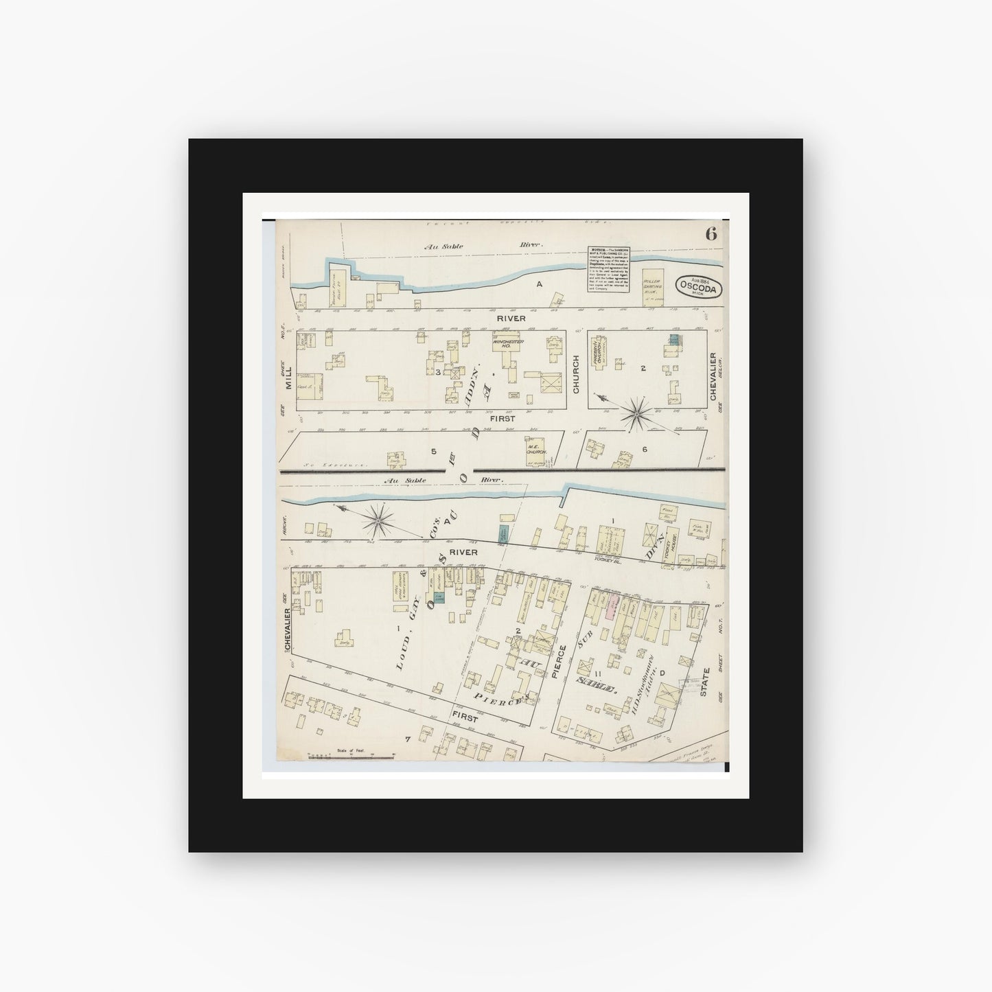 Old map wall art mockup — black gallery frame with white mat — Sanborn Fire Insurance Map from Oscoda, Iosco County, Michigan (1884), Sheet #0006