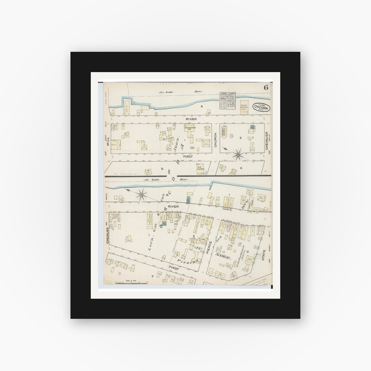 Old map wall art mockup — black gallery frame with white mat — Sanborn Fire Insurance Map from Oscoda, Iosco County, Michigan (1884), Sheet #0006