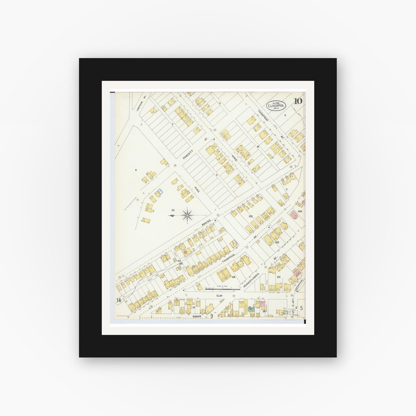 Old map wall art mockup — black gallery frame with white mat — Sanborn Fire Insurance Map from East Liverpool, Columbiana County, Ohio (1903), Sheet #0010