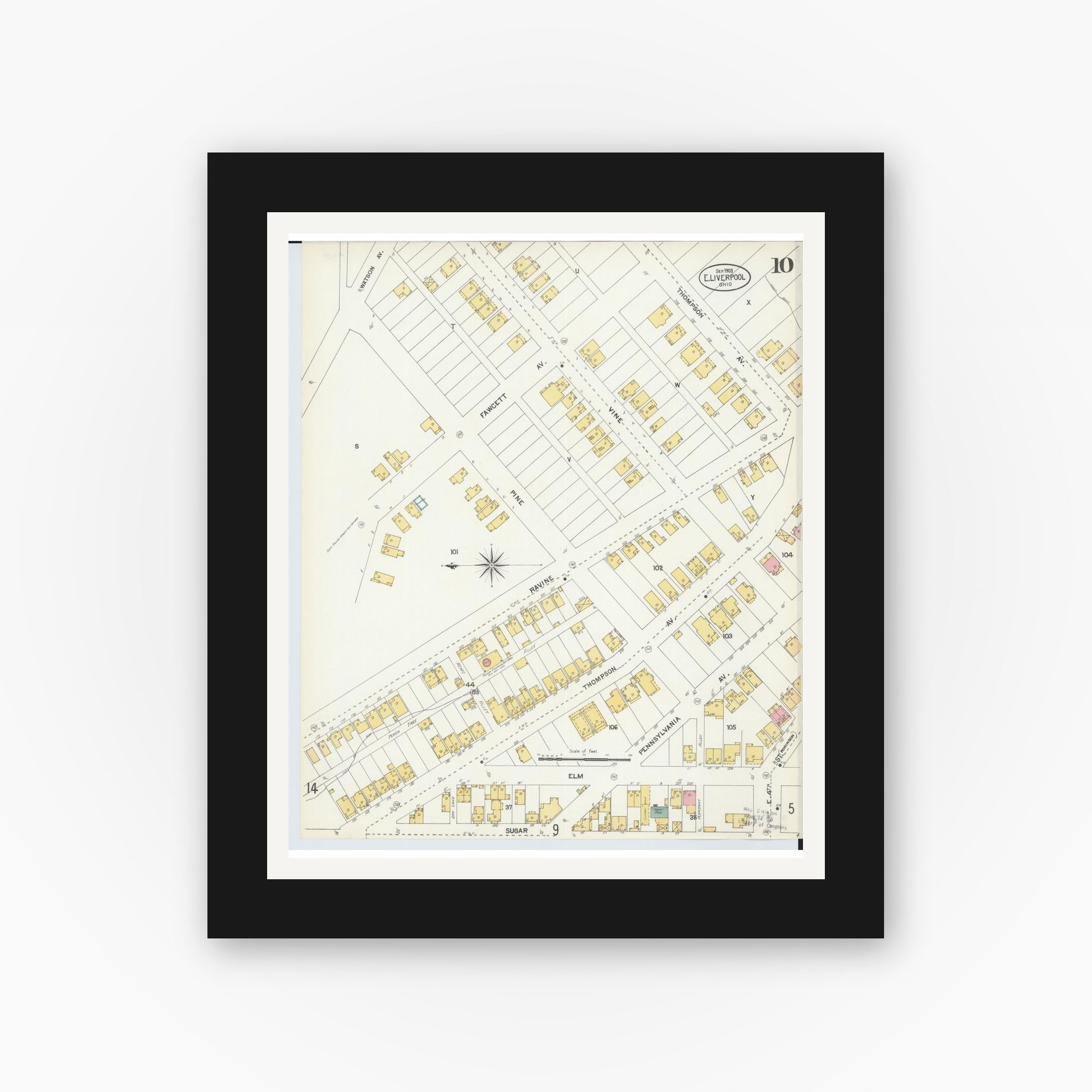 Old map wall art mockup — black gallery frame with white mat — Sanborn Fire Insurance Map from East Liverpool, Columbiana County, Ohio (1903), Sheet #0010