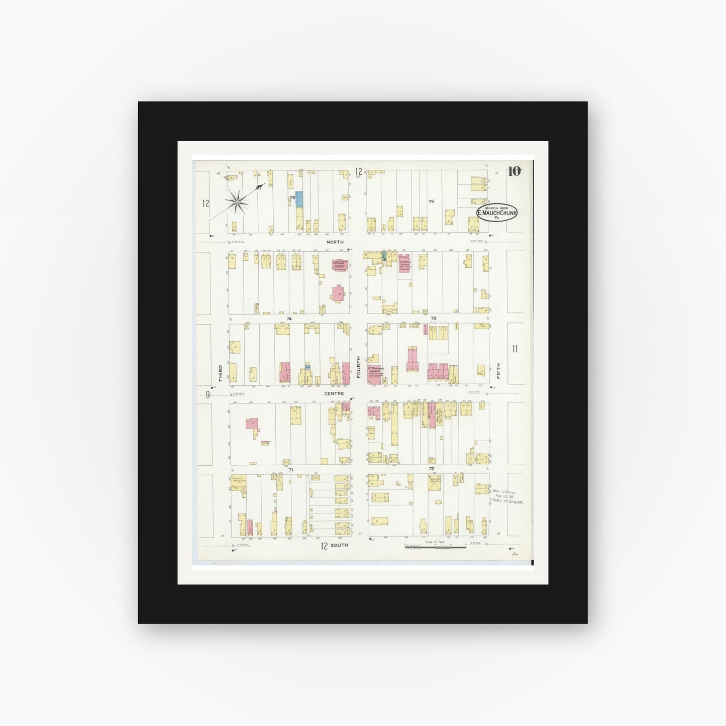 Old map wall art mockup — black gallery frame with white mat — Sanborn Fire Insurance Map from Mauch Chunk, Carbon County, Pennsylvania (1908), Sheet #0010