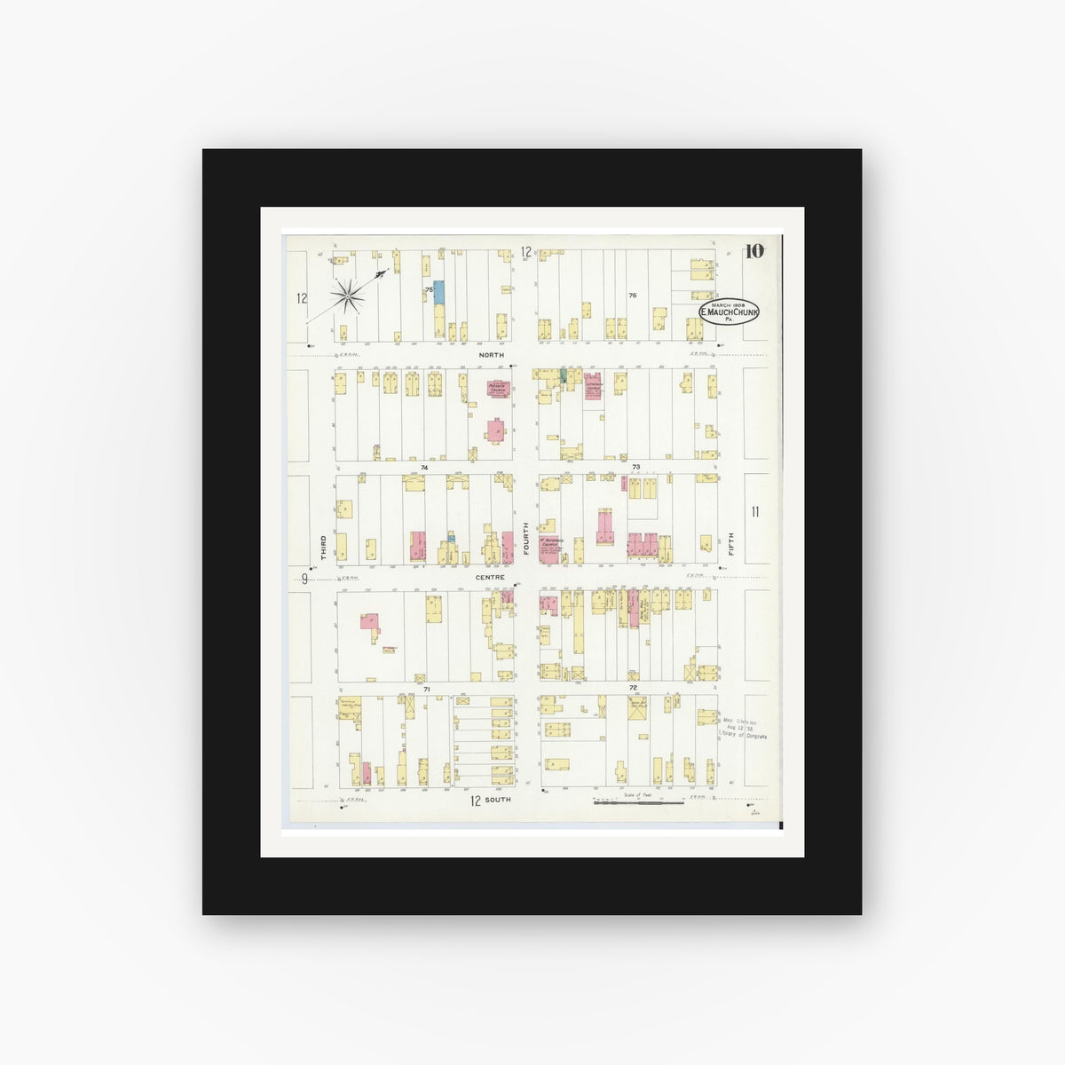 Old map wall art mockup — black gallery frame with white mat — Sanborn Fire Insurance Map from Mauch Chunk, Carbon County, Pennsylvania (1908), Sheet #0010
