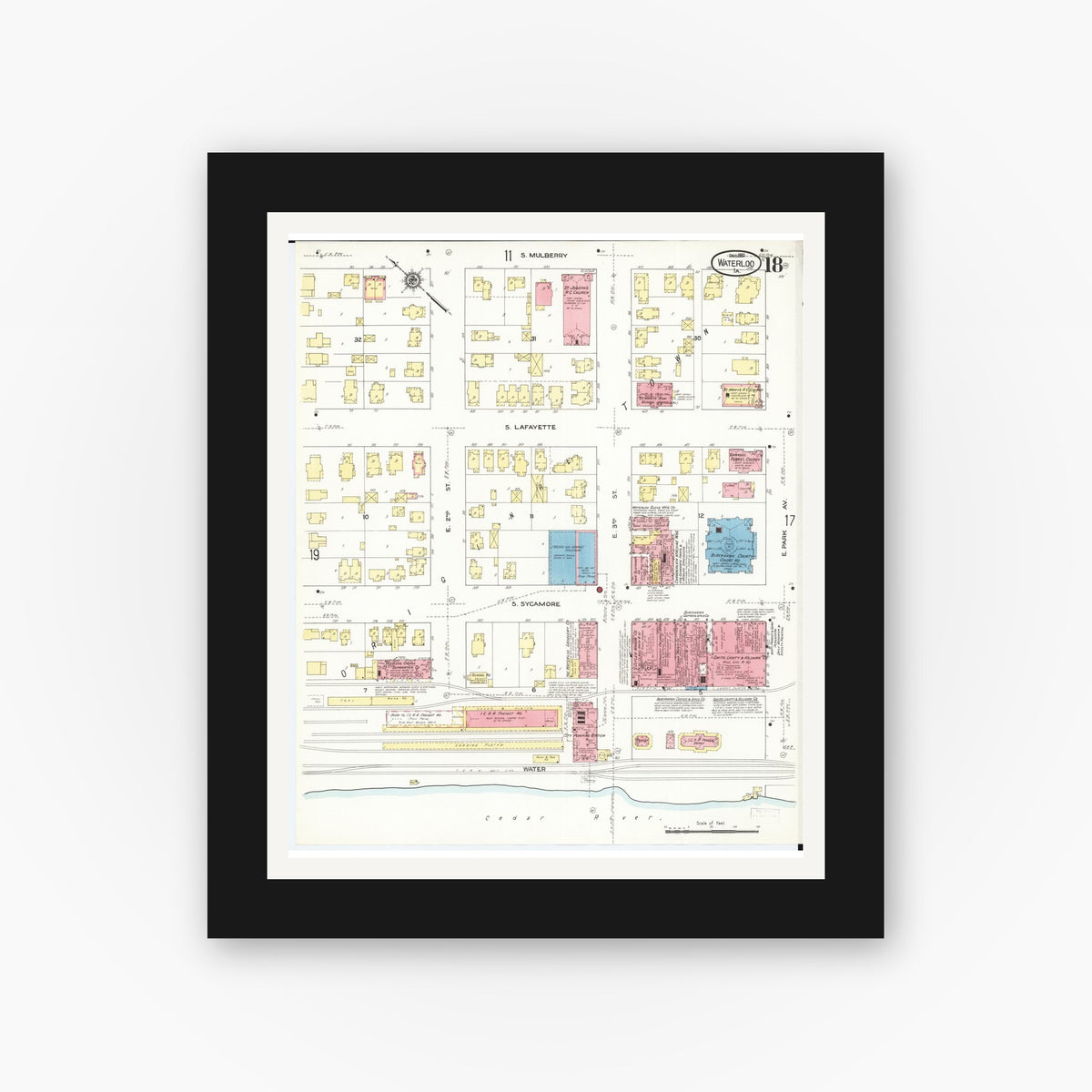 Old map wall art mockup — black gallery frame with white mat — Sanborn Fire Insurance Map from Waterloo, Black Hawk County, Iowa (1910), Sheet #0018