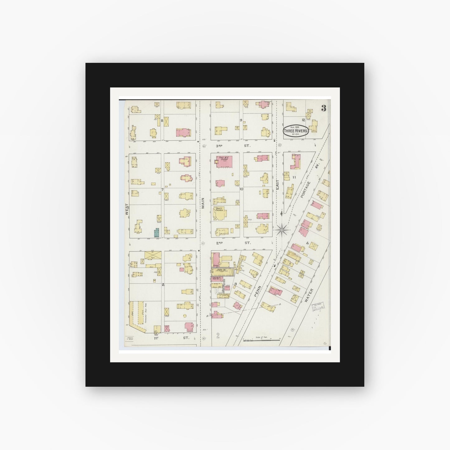 Old map wall art mockup — black gallery frame with white mat — Sanborn Fire Insurance Map from Three Rivers, Saint Joseph County, Michigan (1893), Sheet #0003