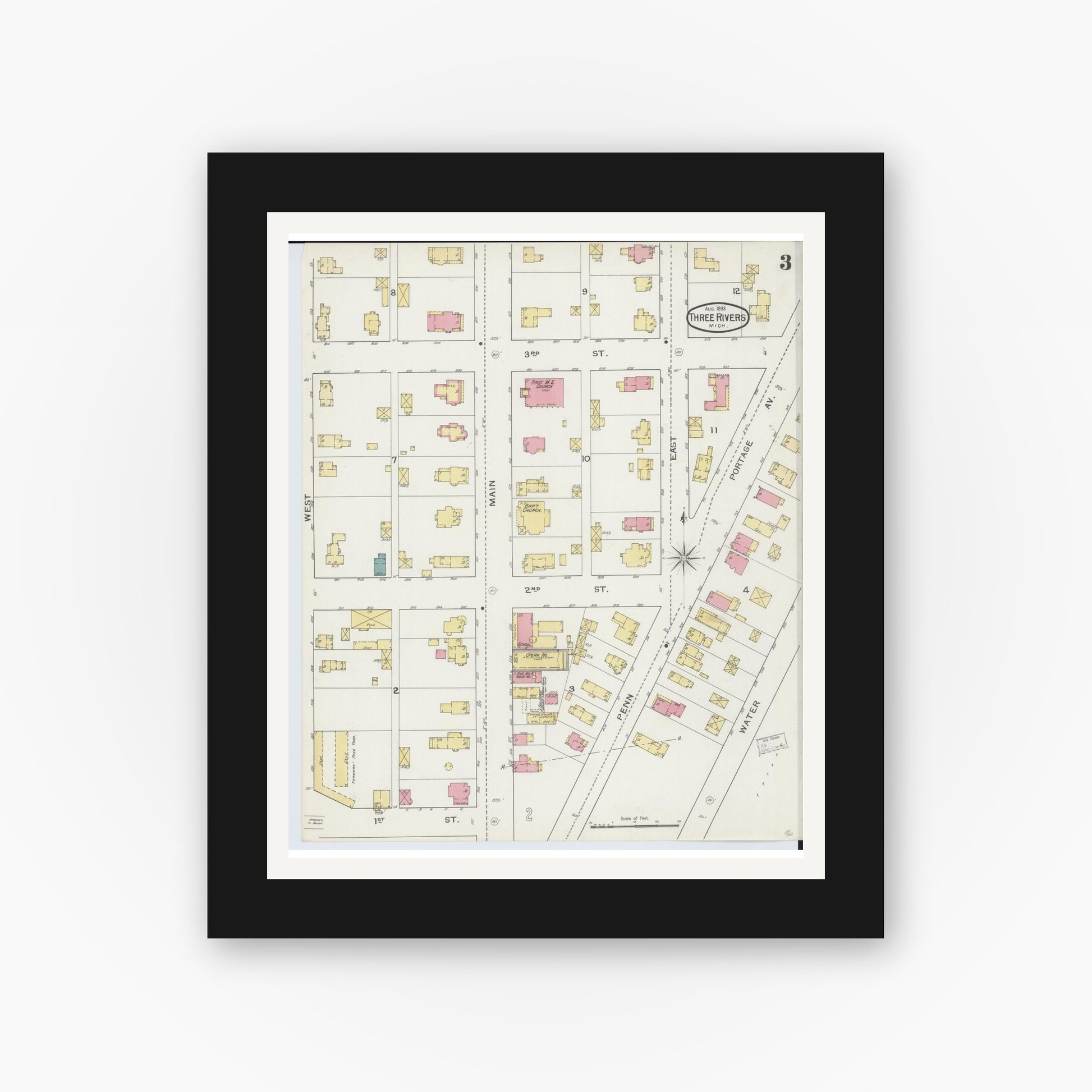 Old map wall art mockup — black gallery frame with white mat — Sanborn Fire Insurance Map from Three Rivers, Saint Joseph County, Michigan (1893), Sheet #0003