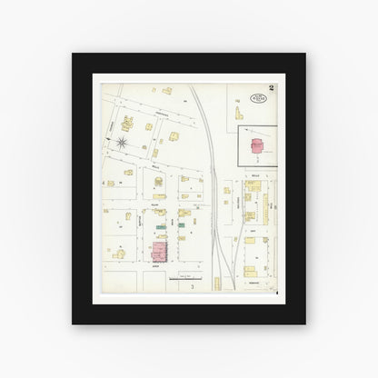 Old map wall art mockup — black gallery frame with white mat — Sanborn Fire Insurance Map from Royse City, Rockwell County, Texas (1906), Sheet #0002