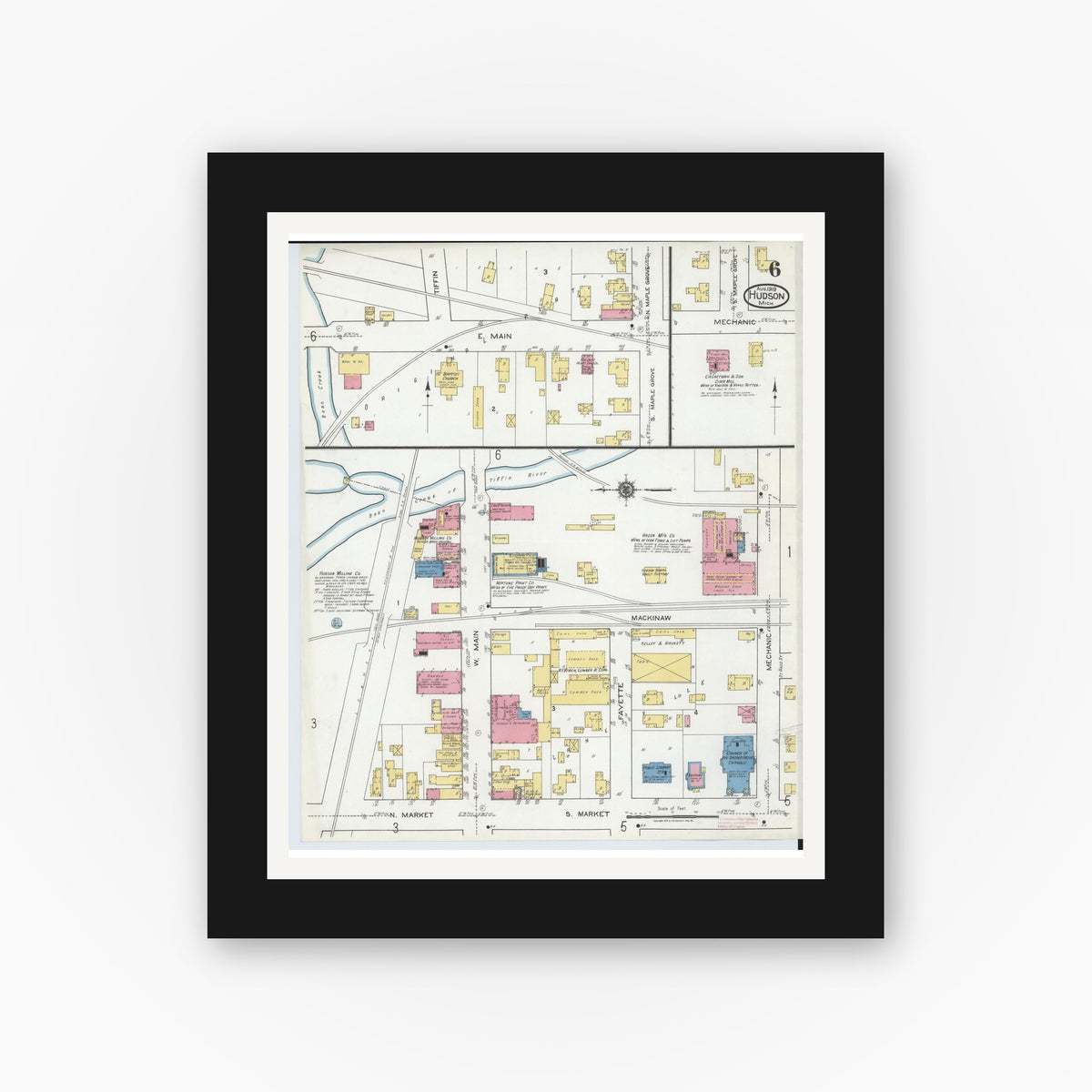 Old map wall art mockup — black gallery frame with white mat — Sanborn Fire Insurance Map from Hudson, Lenawee County, Michigan (1919), Sheet #0006