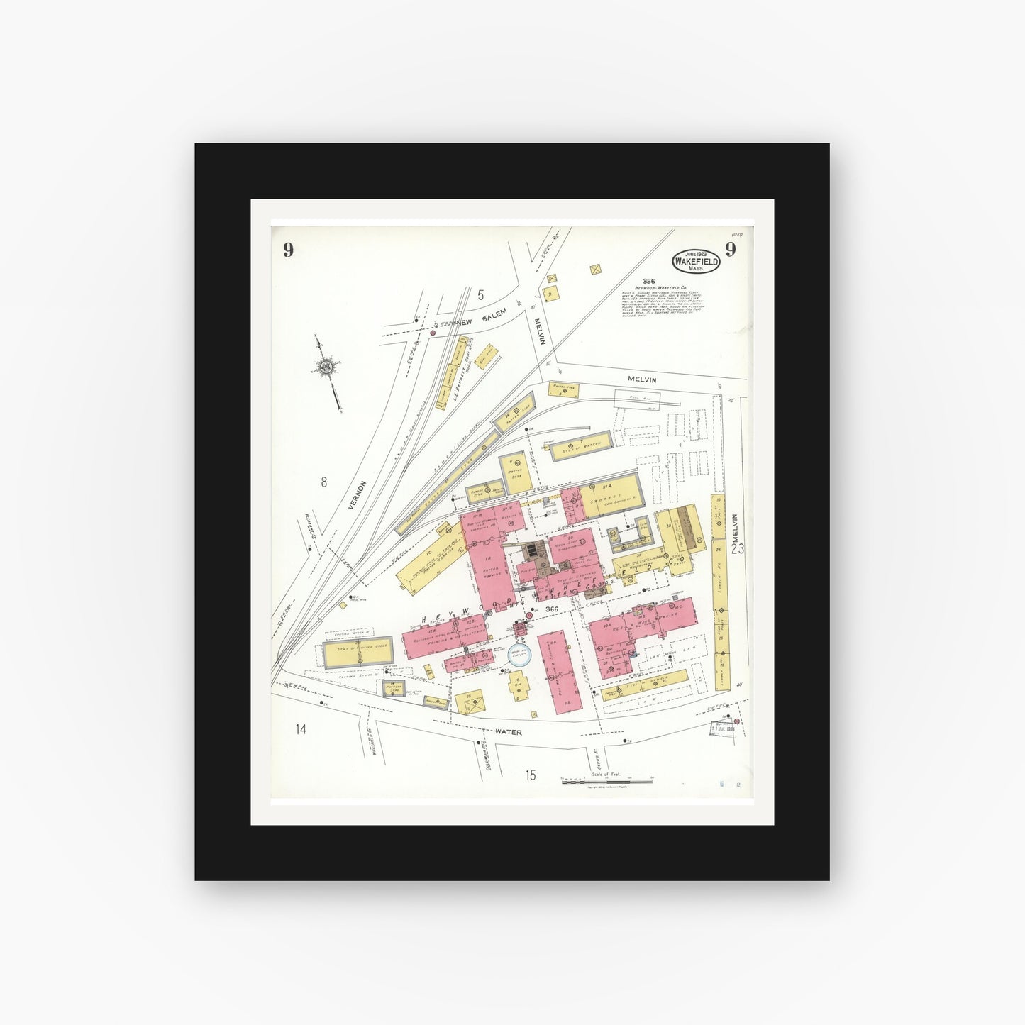 Old map wall art mockup — black gallery frame with white mat — Sanborn Fire Insurance Map from Wakefield, Middlesex County, Massachusetts (1923), Sheet #0009