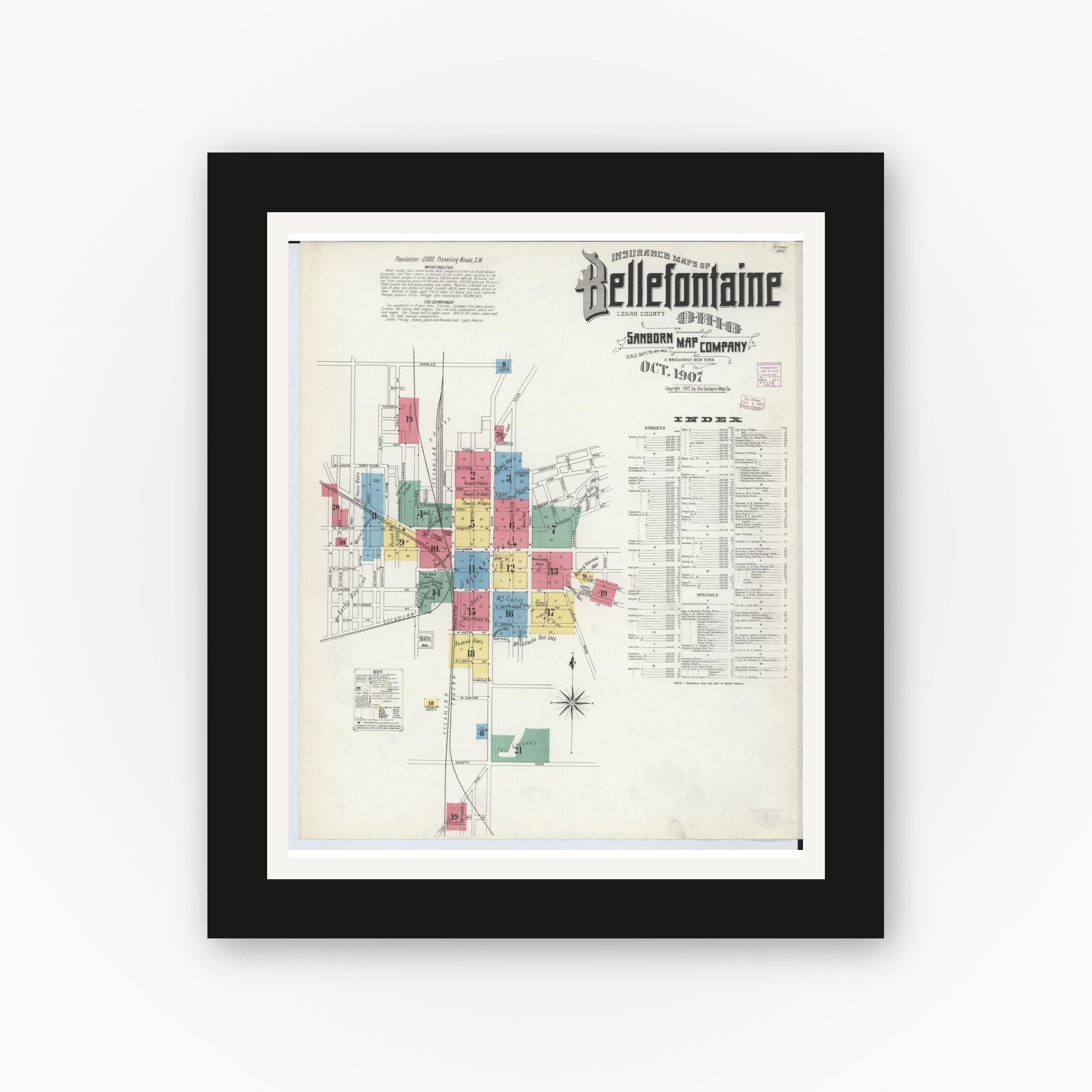 Old map wall art mockup — black gallery frame with white mat — Sanborn Fire Insurance Map from Bellefontaine, Logan County, Ohio (1907) - Complete Map Set