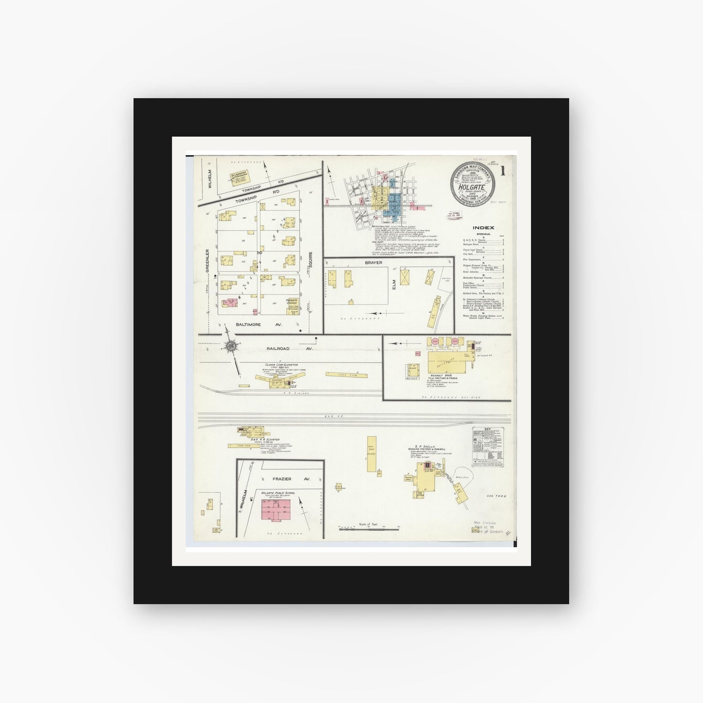 Old map wall art mockup — black gallery frame with white mat — Sanborn Fire Insurance Map from Holgate, Henry County, Ohio (1910), Sheet #0001