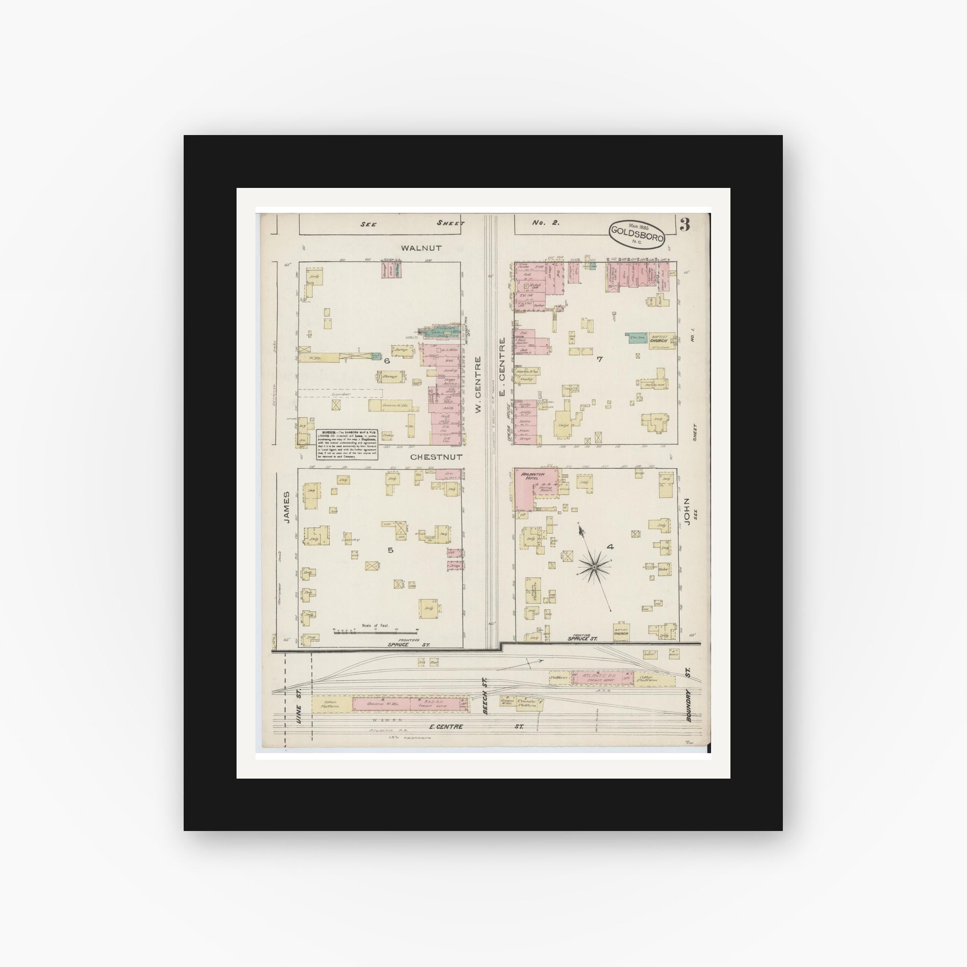 Old map wall art mockup — black gallery frame with white mat — Sanborn Fire Insurance Map from Goldsboro, Wayne County, North Carolina (1885), Sheet #0003
