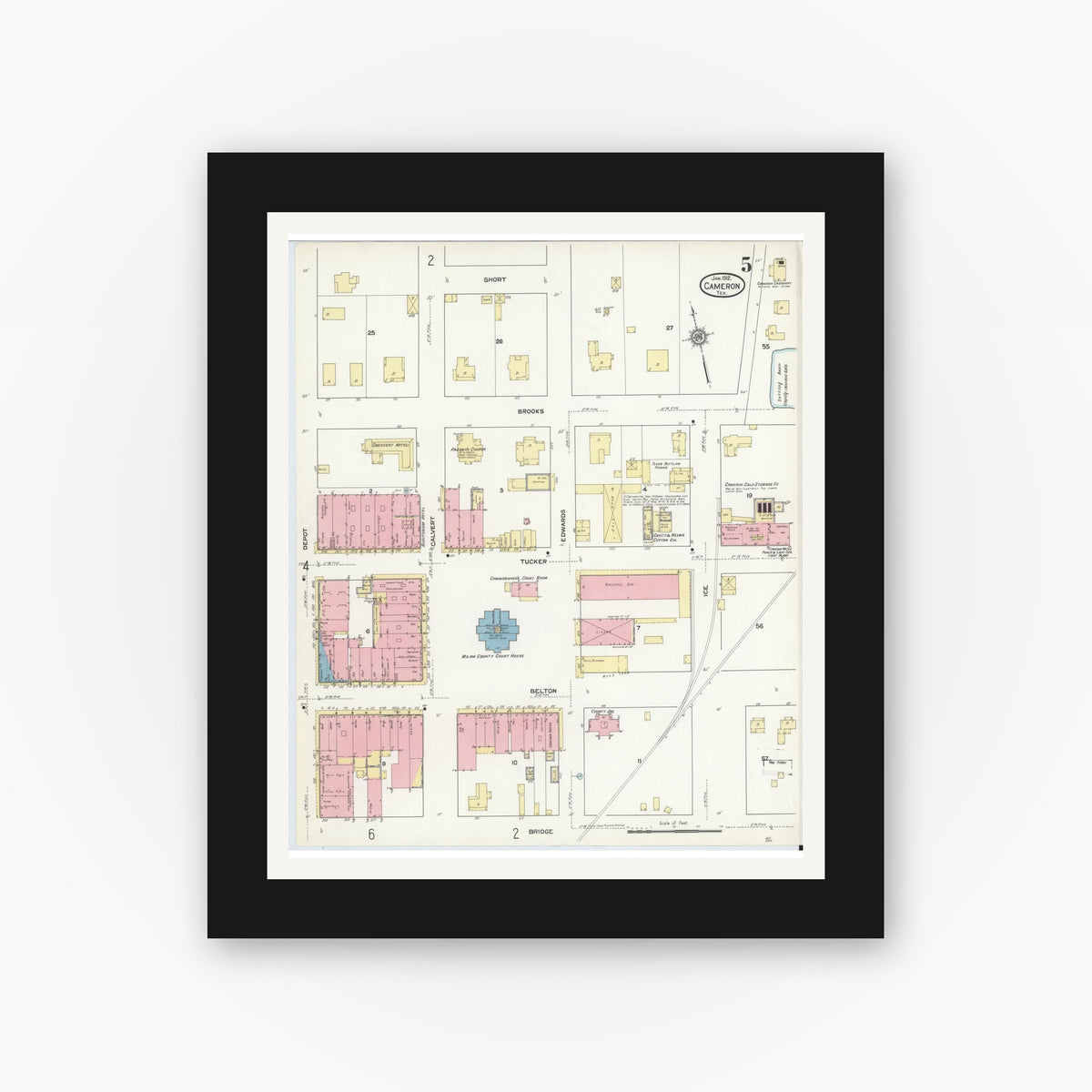 Old map wall art mockup — black gallery frame with white mat — Sanborn Fire Insurance Map from Cameron, Milam County, Texas (1912), Sheet #0005