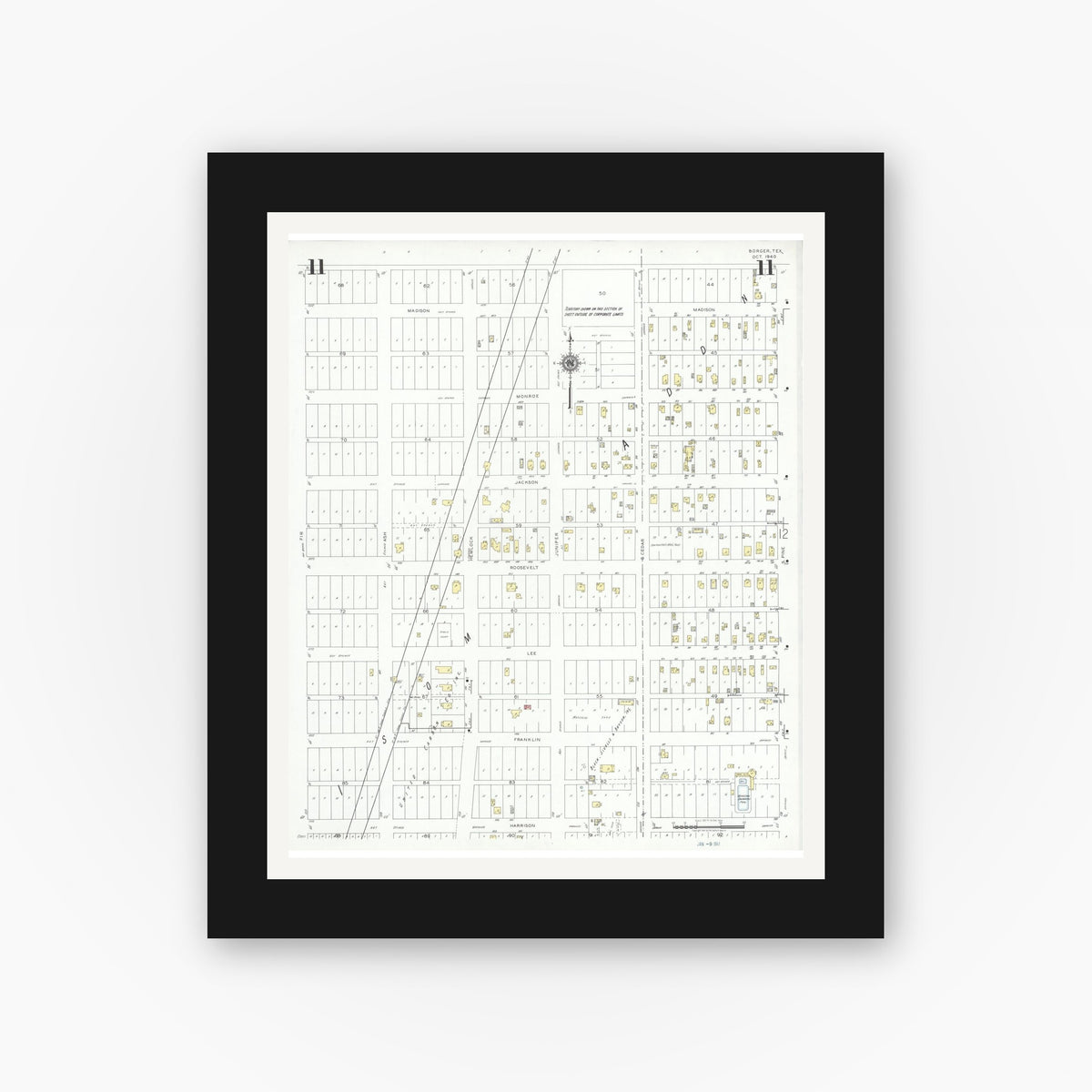 Old map wall art mockup — black gallery frame with white mat — Sanborn Fire Insurance Map from Borger, Hutchinson County, Texas (1940), Sheet #0011