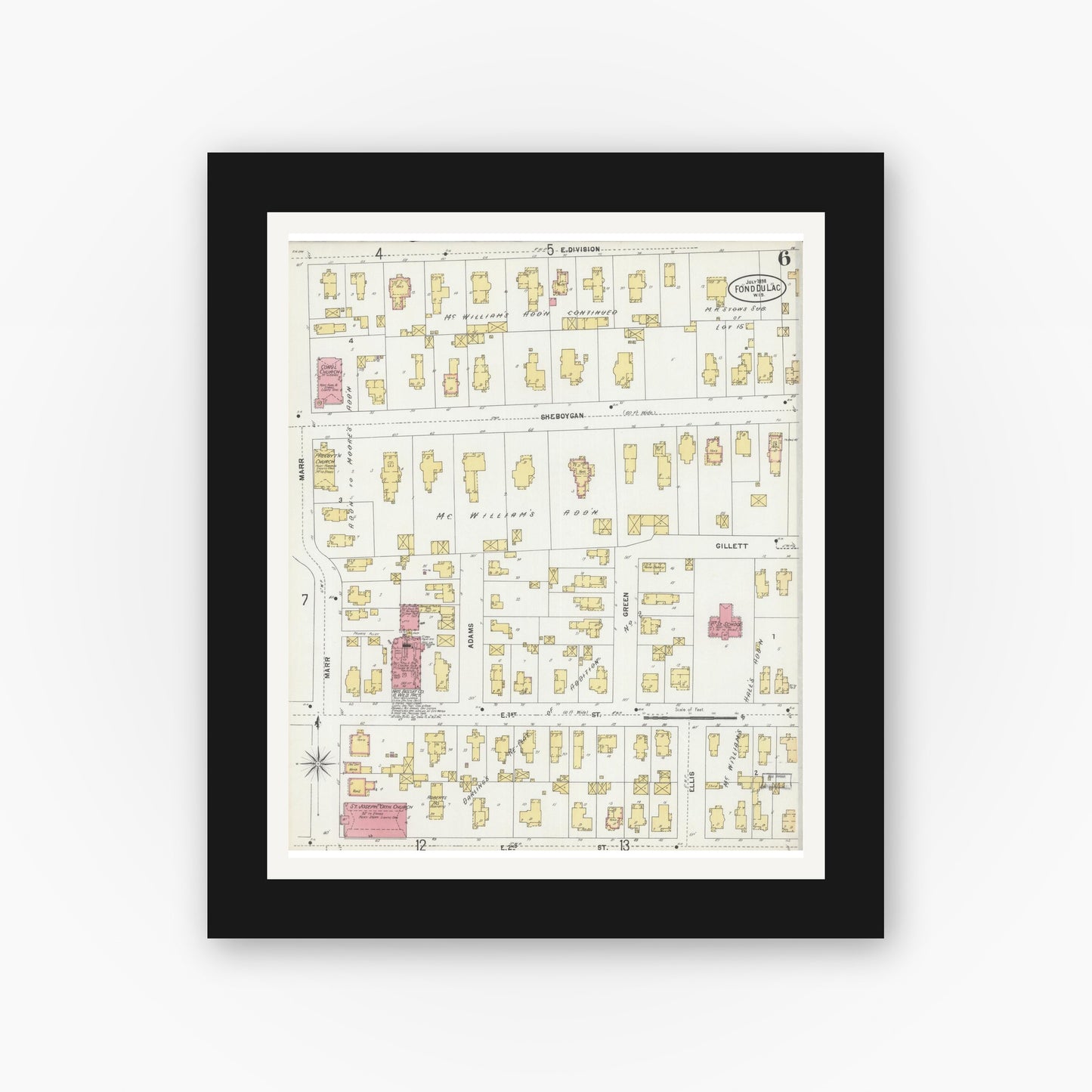 Old map wall art mockup — black gallery frame with white mat — Sanborn Fire Insurance Map from Fond du Lac, Fond du Lac County, Wisconsin (1898), Sheet #0006