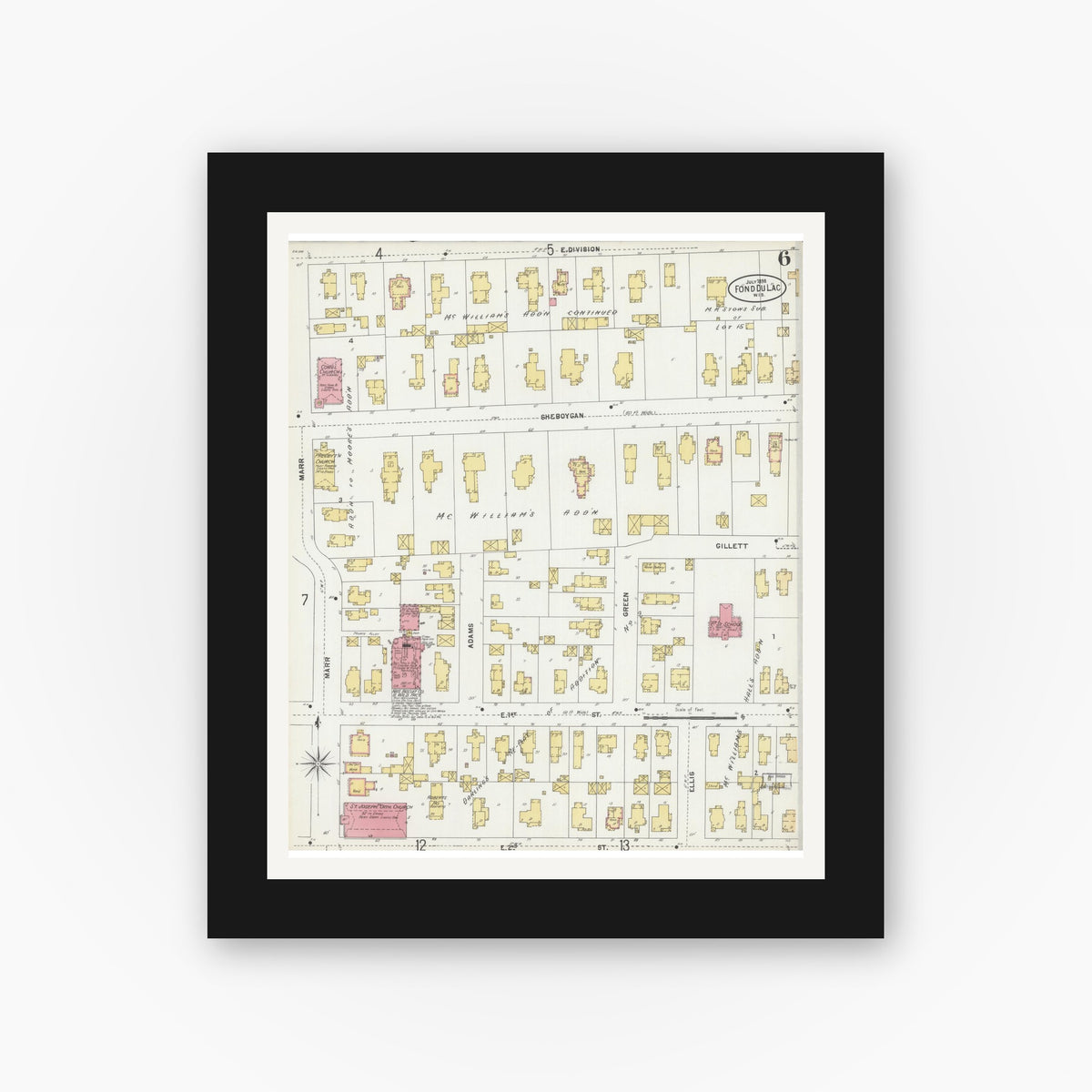 Old map wall art mockup — black gallery frame with white mat — Sanborn Fire Insurance Map from Fond du Lac, Fond du Lac County, Wisconsin (1898), Sheet #0006