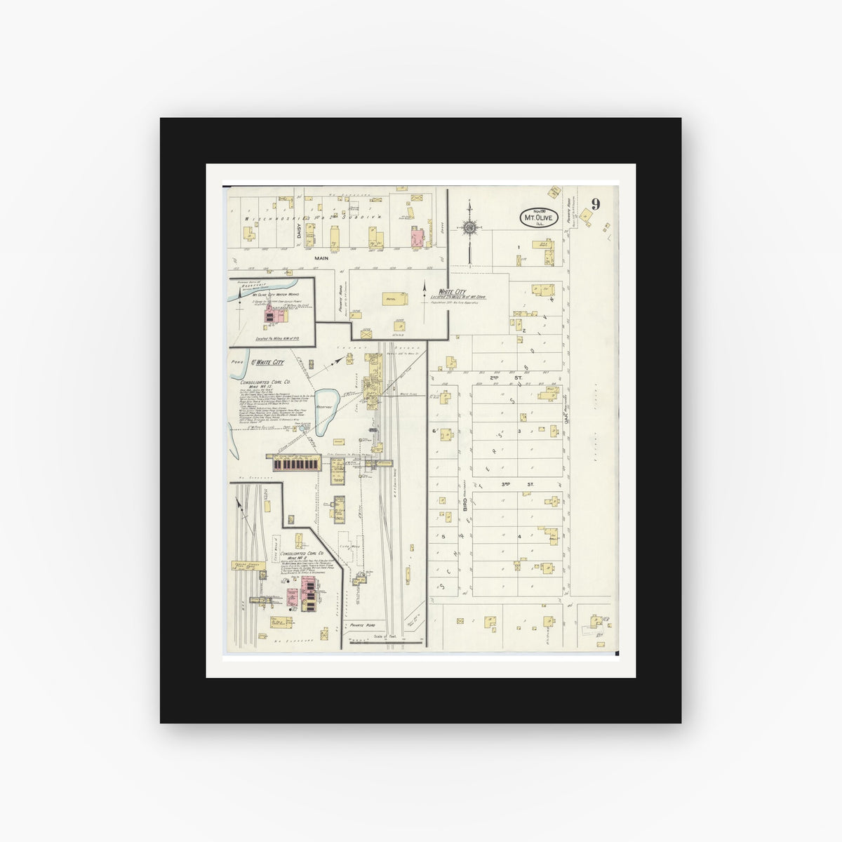 Old map wall art mockup — black gallery frame with white mat — Sanborn Fire Insurance Map from Mount Olive, Macoupin County, Illinois (1910), Sheet #0009