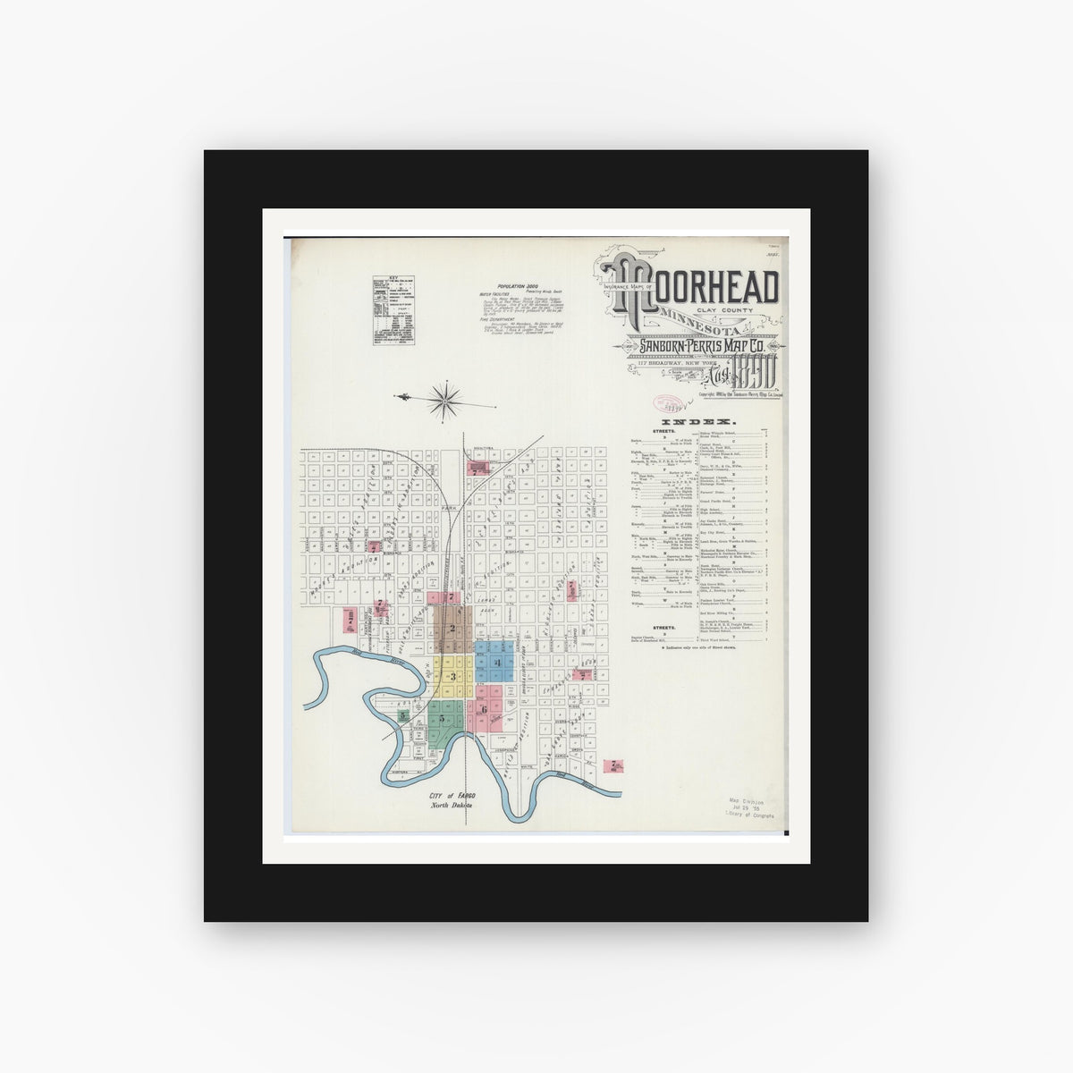 Old map wall art mockup — black gallery frame with white mat — Sanborn Fire Insurance Map from Moorhead, Clay County, Minnesota (1890), Sheet #0001