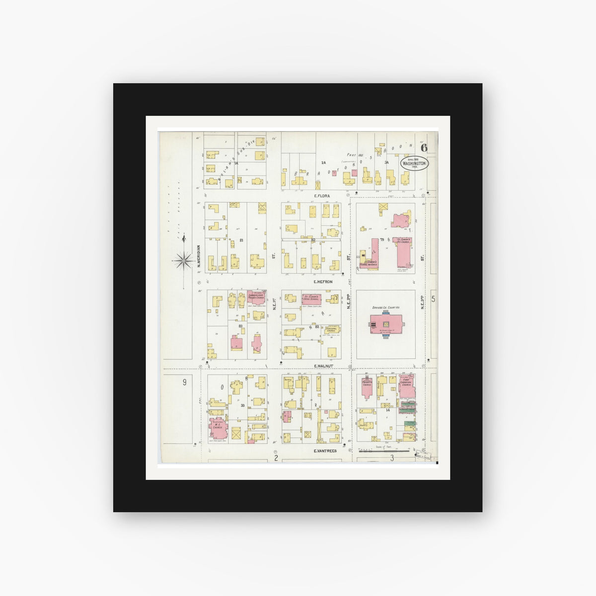 Old map wall art mockup — black gallery frame with white mat — Sanborn Fire Insurance Map from Washington, Daviess County, Indiana (1902), Sheet #0006