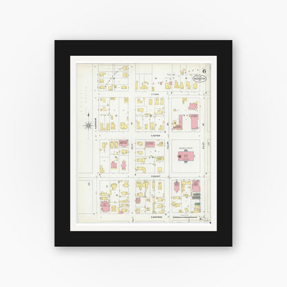 Old map wall art mockup — black gallery frame with white mat — Sanborn Fire Insurance Map from Washington, Daviess County, Indiana (1902), Sheet #0006