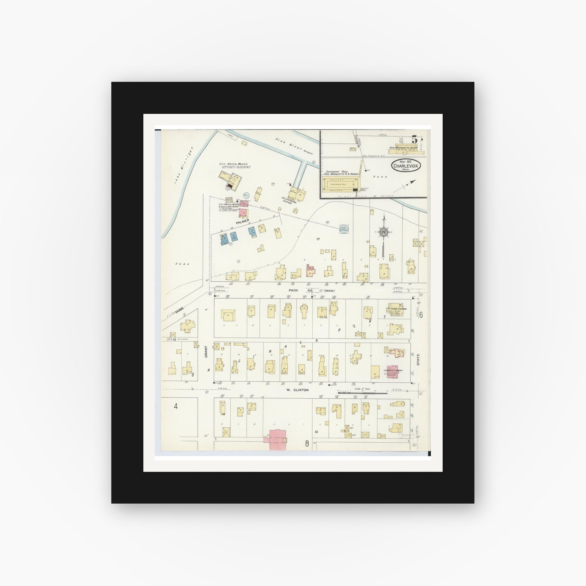 Old map wall art mockup — black gallery frame with white mat — Sanborn Fire Insurance Map from Charlevoix, Charlevoix County, Michigan (1912), Sheet #0005